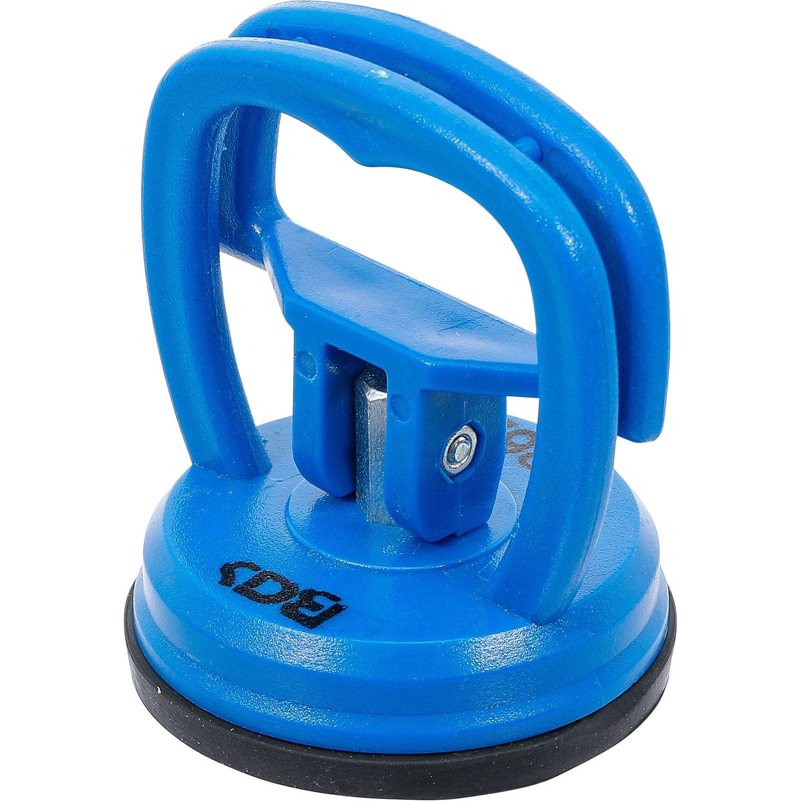 Blaue Saughebetool mit Griff, entwickelt zum Heben und Handhaben von flachen Oberflächen wie Glas oder Fliesen.