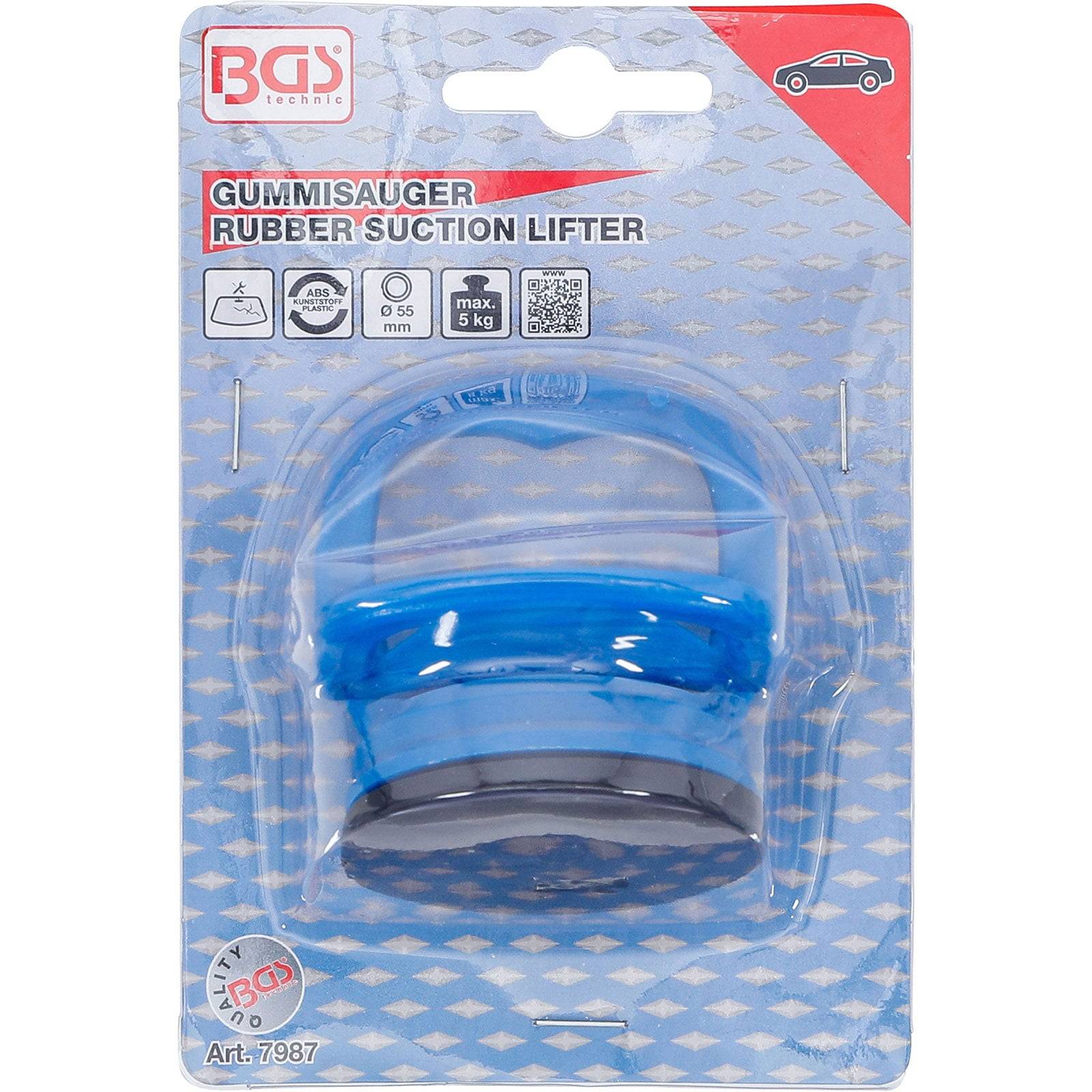 BGS Technic Gummisaugheber', blau, mit einer Tragfähigkeit von bis zu 5 kg. Verpackung enthält Produktabbildung und Spezifikationen.