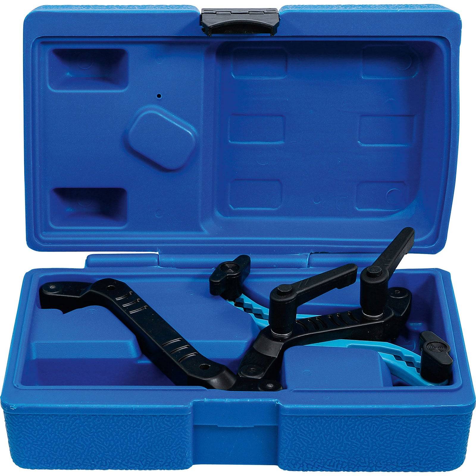 Ein blauer Kunststoffkoffer mit einem schwarzen Werkzeug und Zubehör im Inneren, typischerweise für Automobil- oder Mechanikanwendungen verwendet.