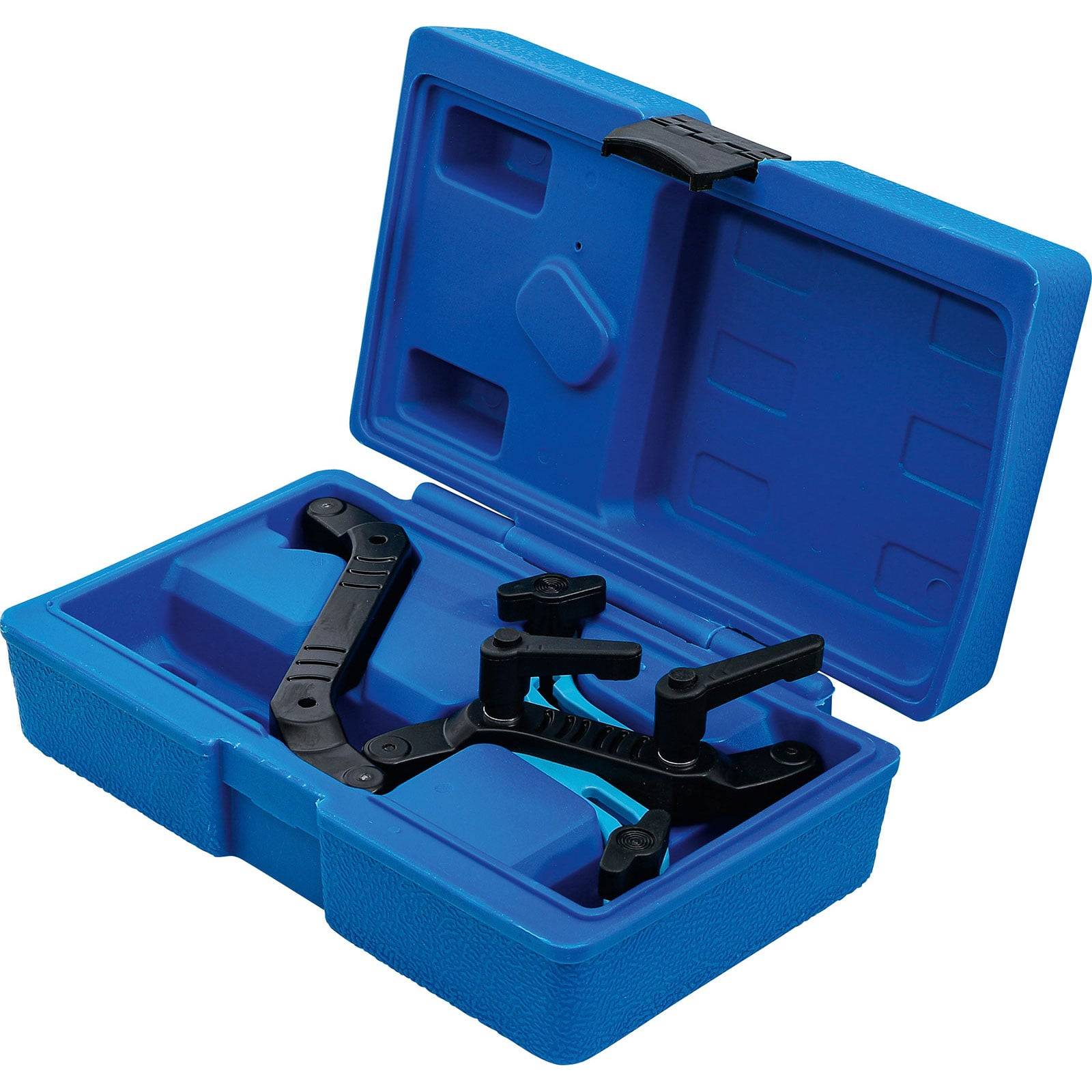 Ein blauer Kunststoffkoffer mit einem Federkompressor-Werkzeug aus schwarzem Metall mit Aufhängungsfeder.