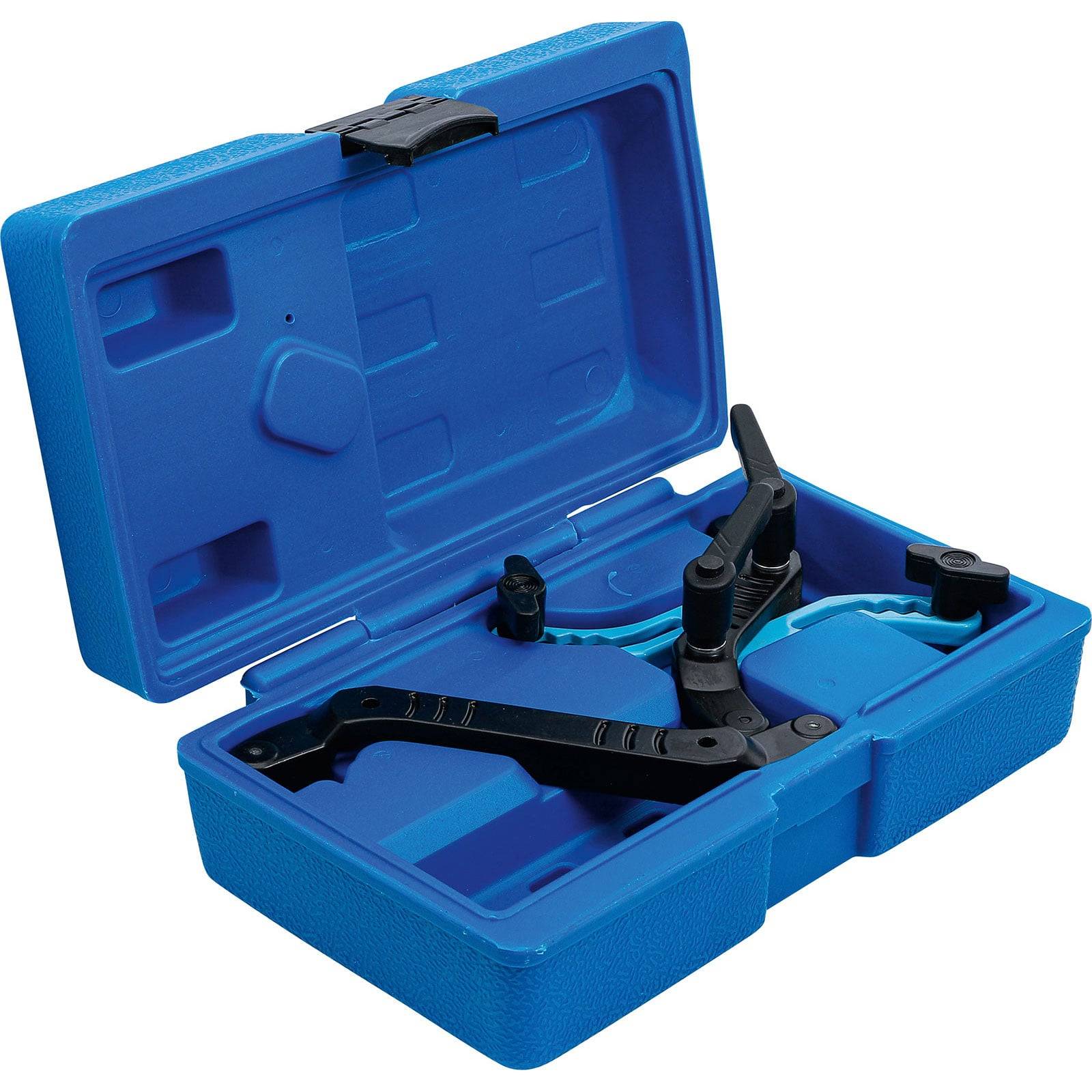 Blaues Kunststoffgehäuse mit einem Kettennietwerkzeug mit Griffen und Gliedern, das zum Entfernen oder Reparieren von Fahrradketten ausgelegt ist.