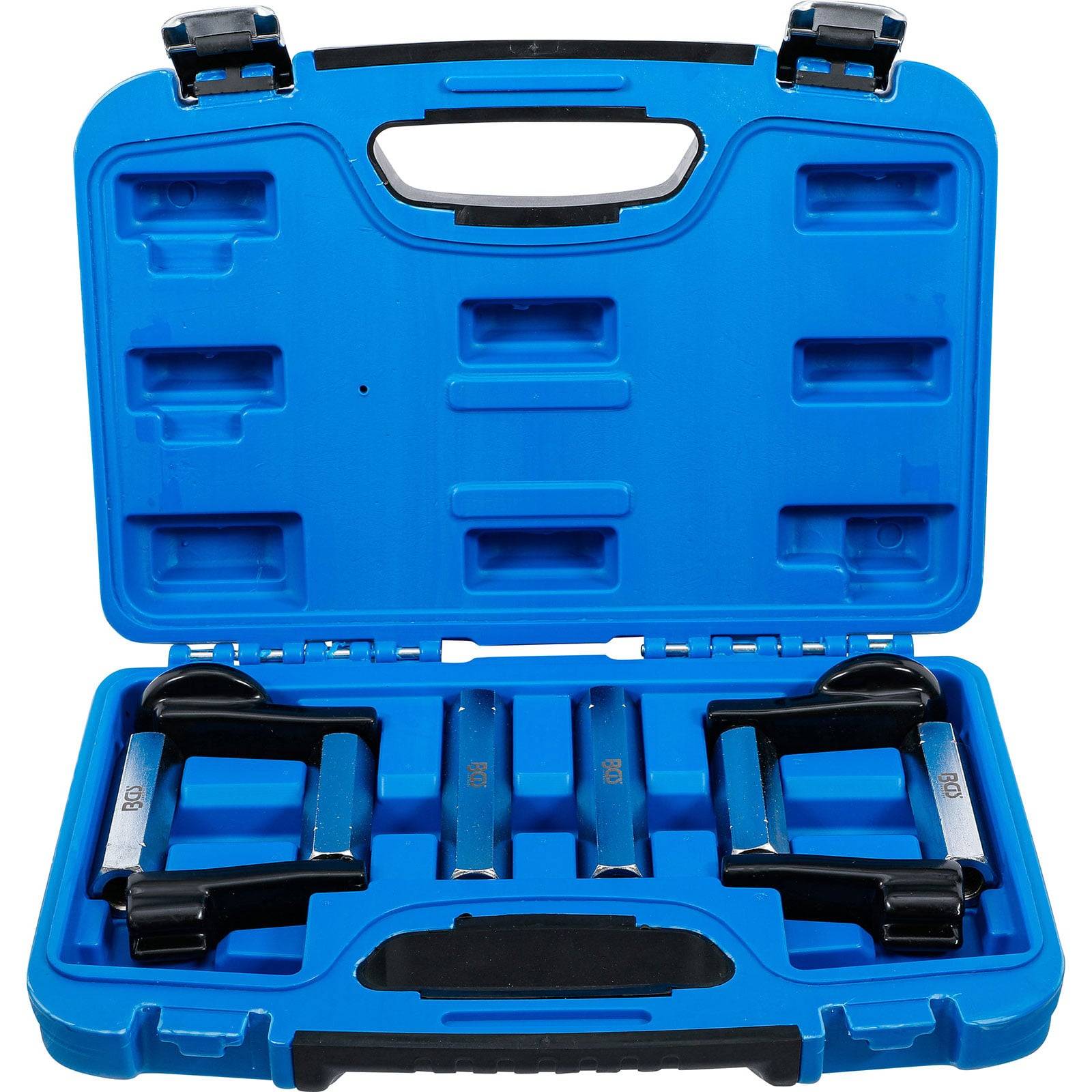 Eine blaue Plastikbox mit einem Griff, geöffnet, um drei schwarze Gewichte zu zeigen, die jeweils mit '0,5 kg' markiert sind.