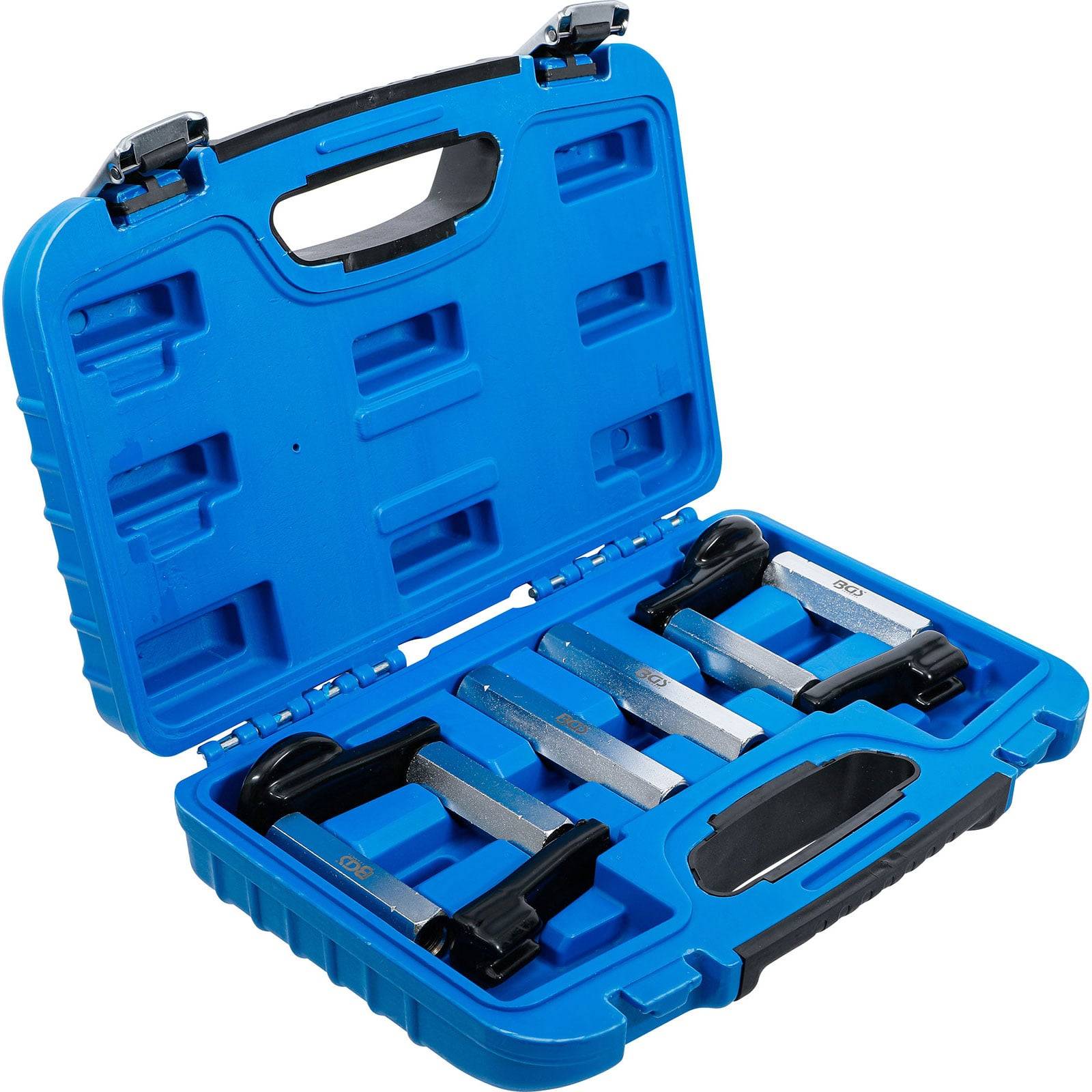 Eine blaue Plastikbox, die vier silberne Bremssattel-Rückstellwerkzeuge enthält, die jeweils in ihren vorgesehenen Fächern befestigt sind und für Automaintenance verwendet werden.