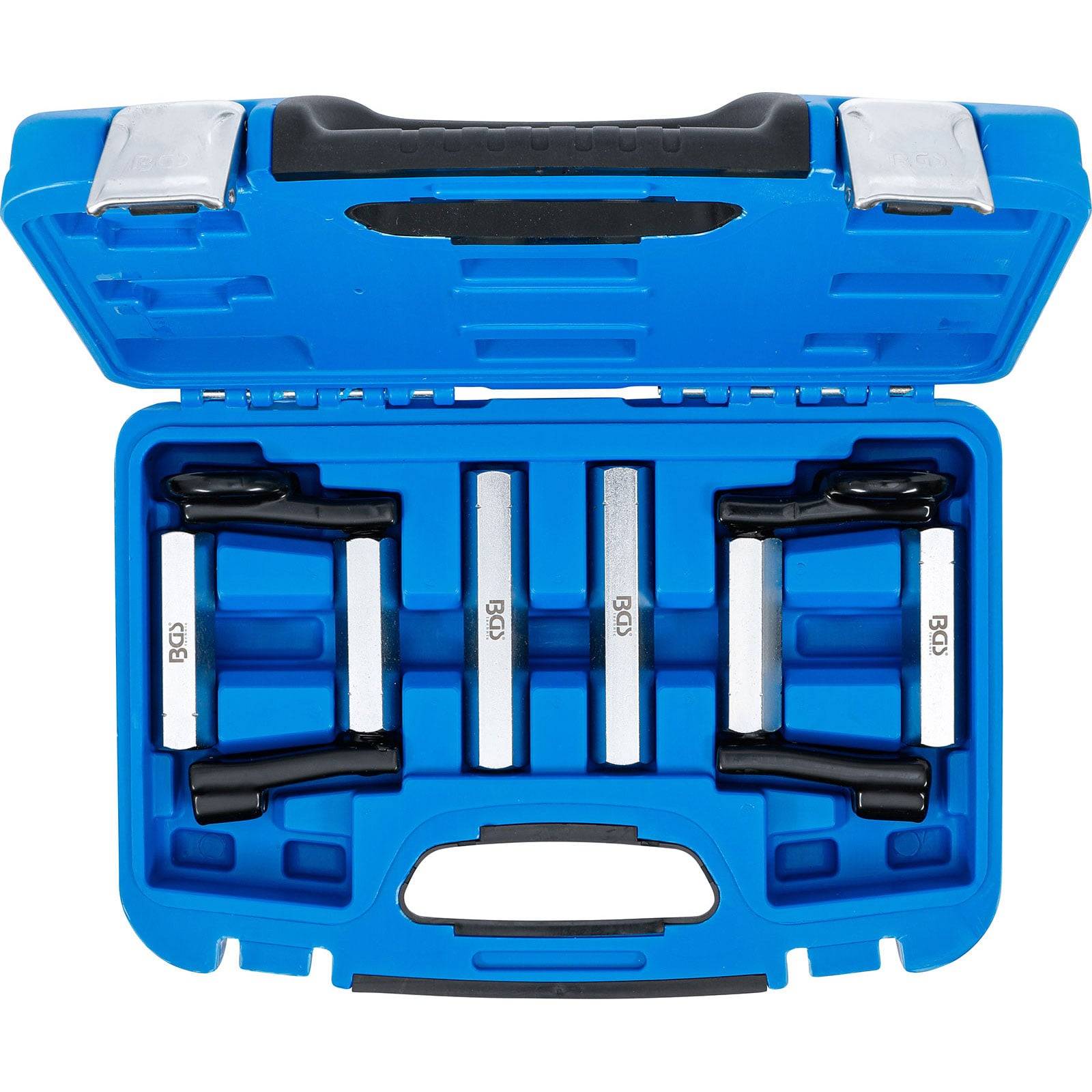 Blaue Plastikbox, die vier silberne und schwarze Metallwerkzeuge mit Griffen enthält, die sicher in einzelnen Fächern angeordnet sind.