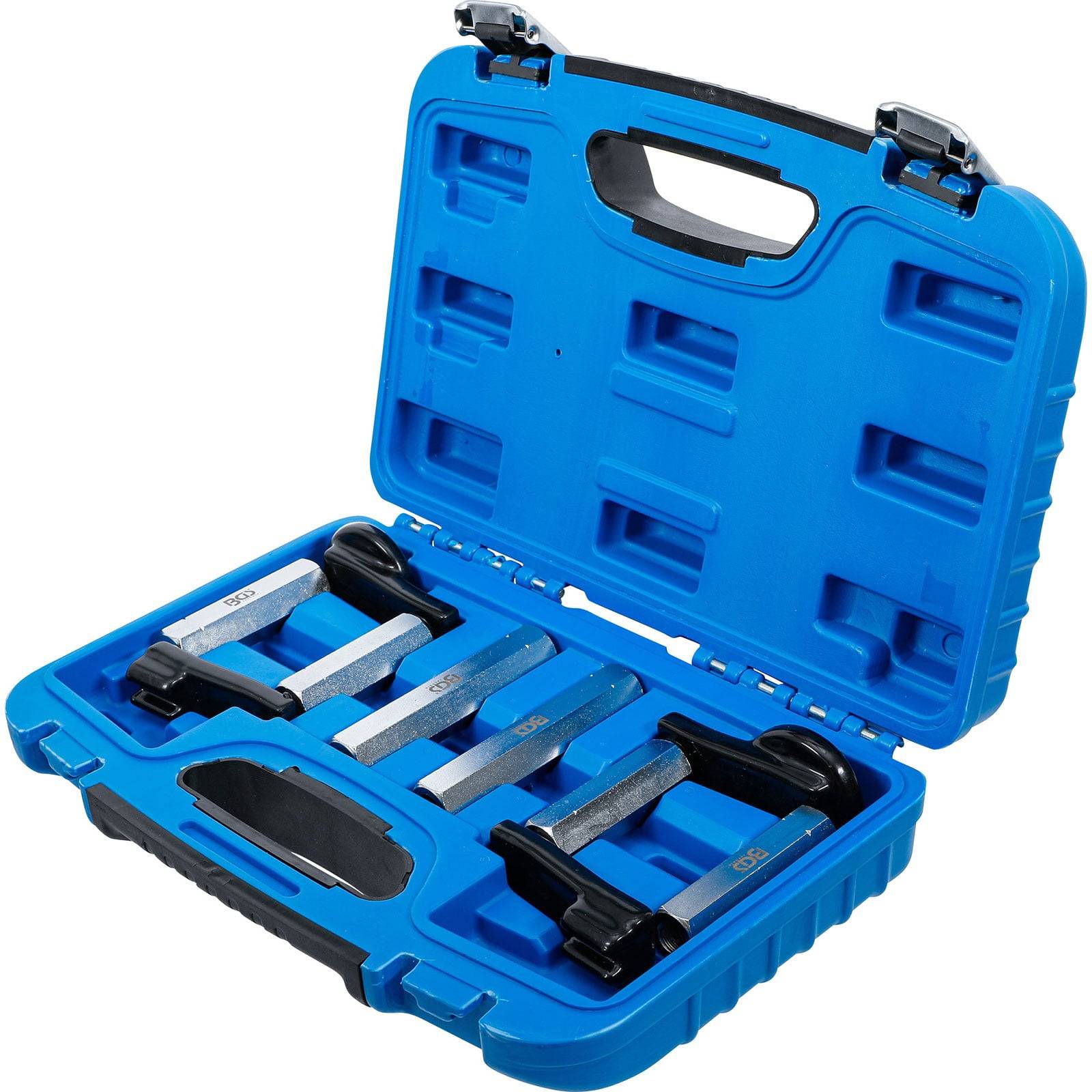 Ein blauer Plastikkoffer, der einen Satz von sechs silbernen und schwarzen metallischen Keil-Autoentnahmewerkzeugen enthält, die zum Öffnen von Fahrzeugen verwendet werden.