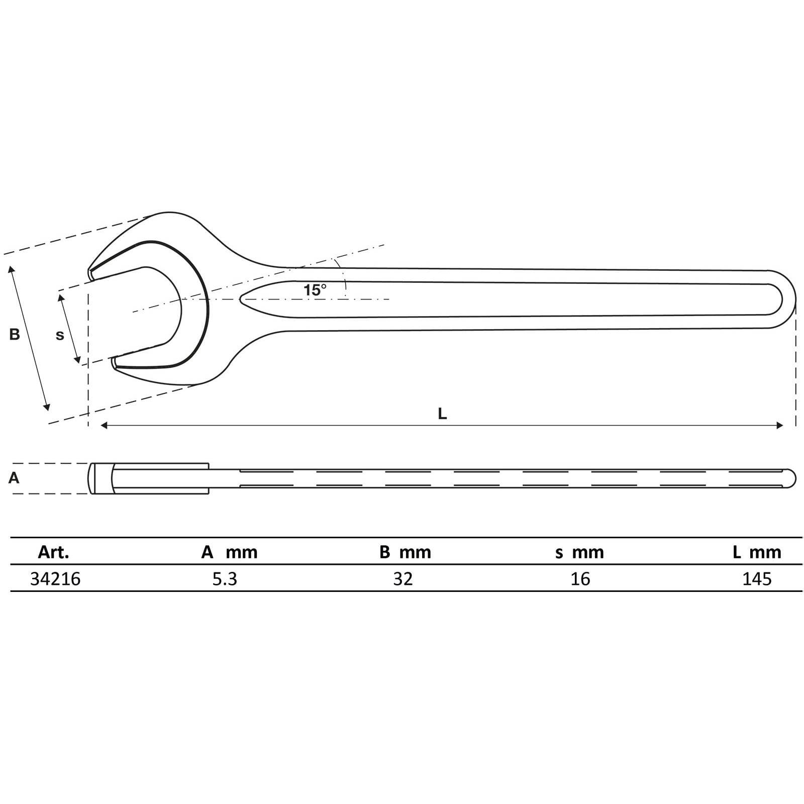 Offener Ringschlüssel-Diagramm mit Maßangaben: A=5,3mm, B=32mm, s=16mm, L=145mm, in einem 15-Grad-Winkel.