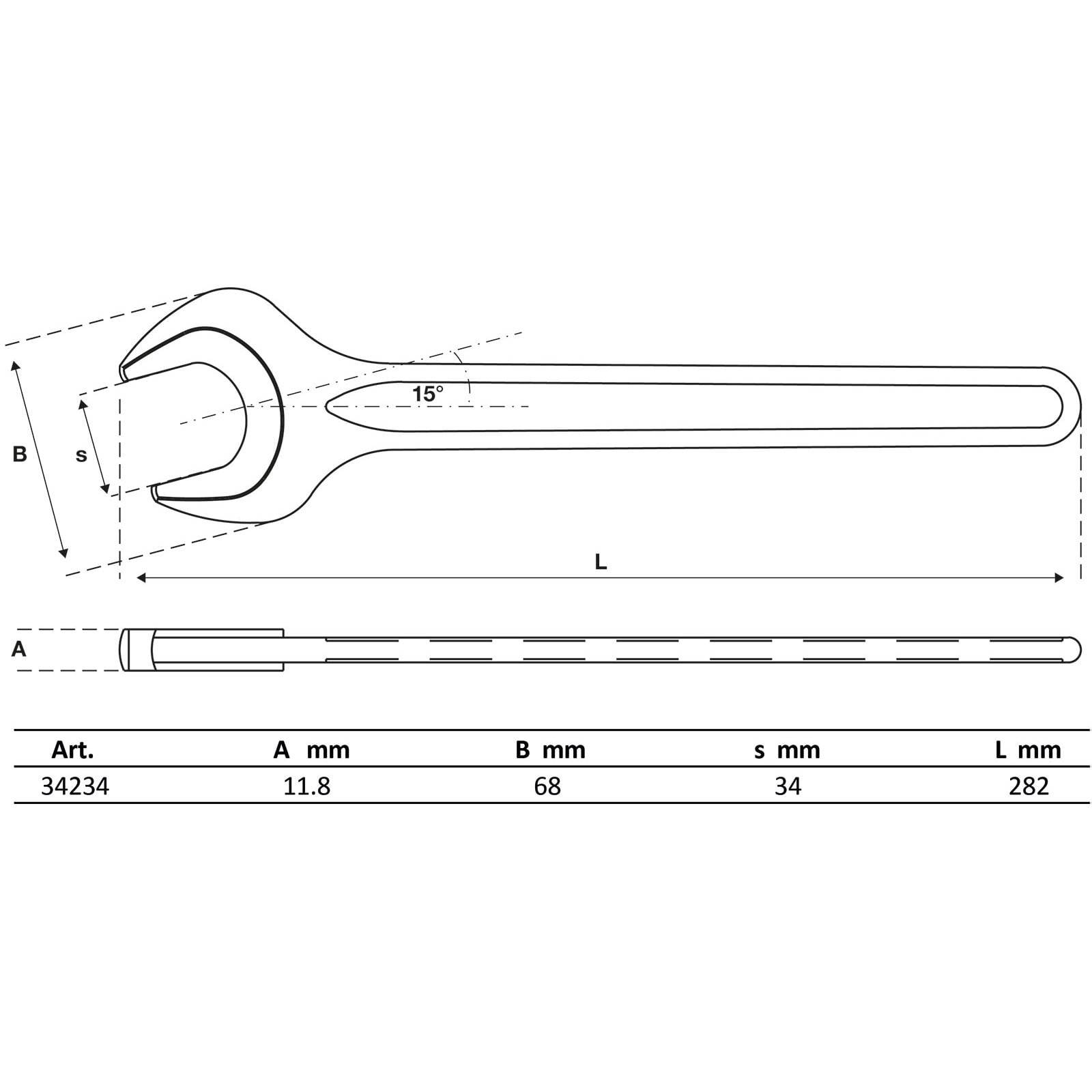 Skizze eines Gabelschlüssels mit einem 15-Grad-Winkel. Maße: Art. 34234, A: 11,8 mm, B: 68 mm, s: 34 mm, L: 282 mm.