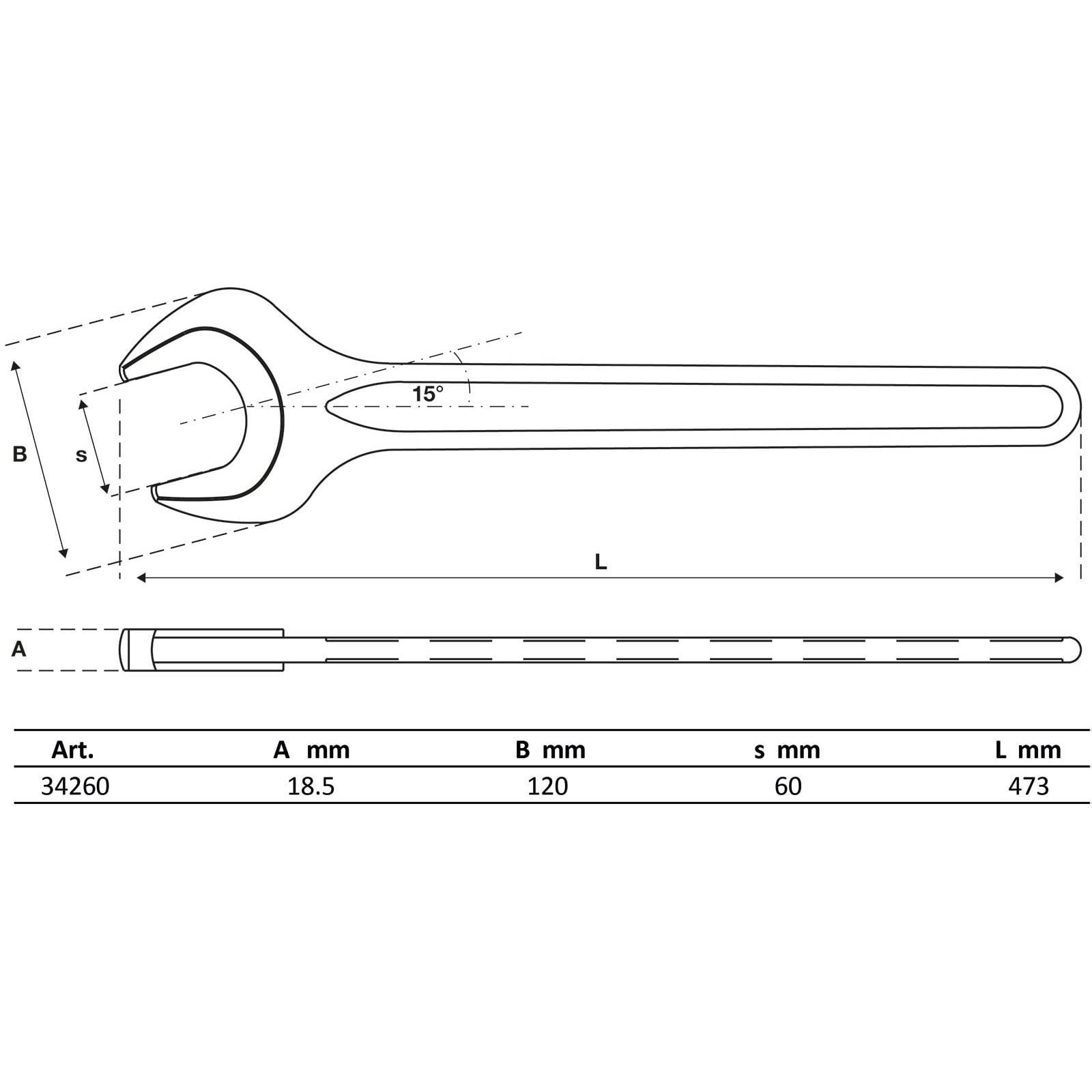 Technische Zeichnung eines Gabelschlüssels mit Abmessungen: Kopf A=18,5mm, B=120mm, s=60mm, Gesamtlänge L=473mm; Winkel=15 Grad.