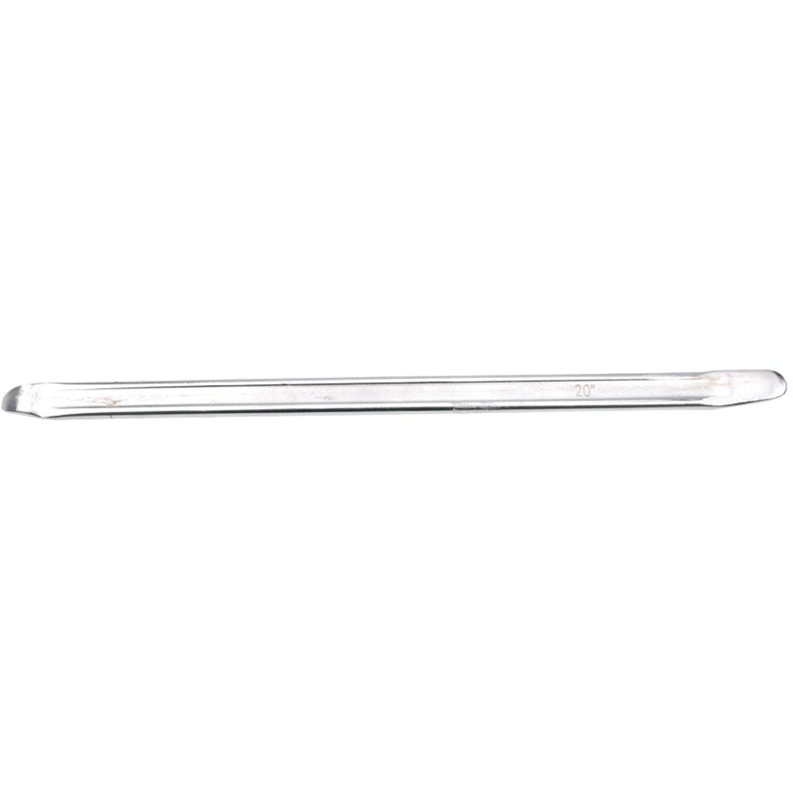 Eine lange, metallene Reifenhebel, die zum Wechseln von Fahrrad- oder Motorradreifen verwendet wird und ein leicht gekrümmtes Ende für einfacheres Reifenablösen aufweist.
