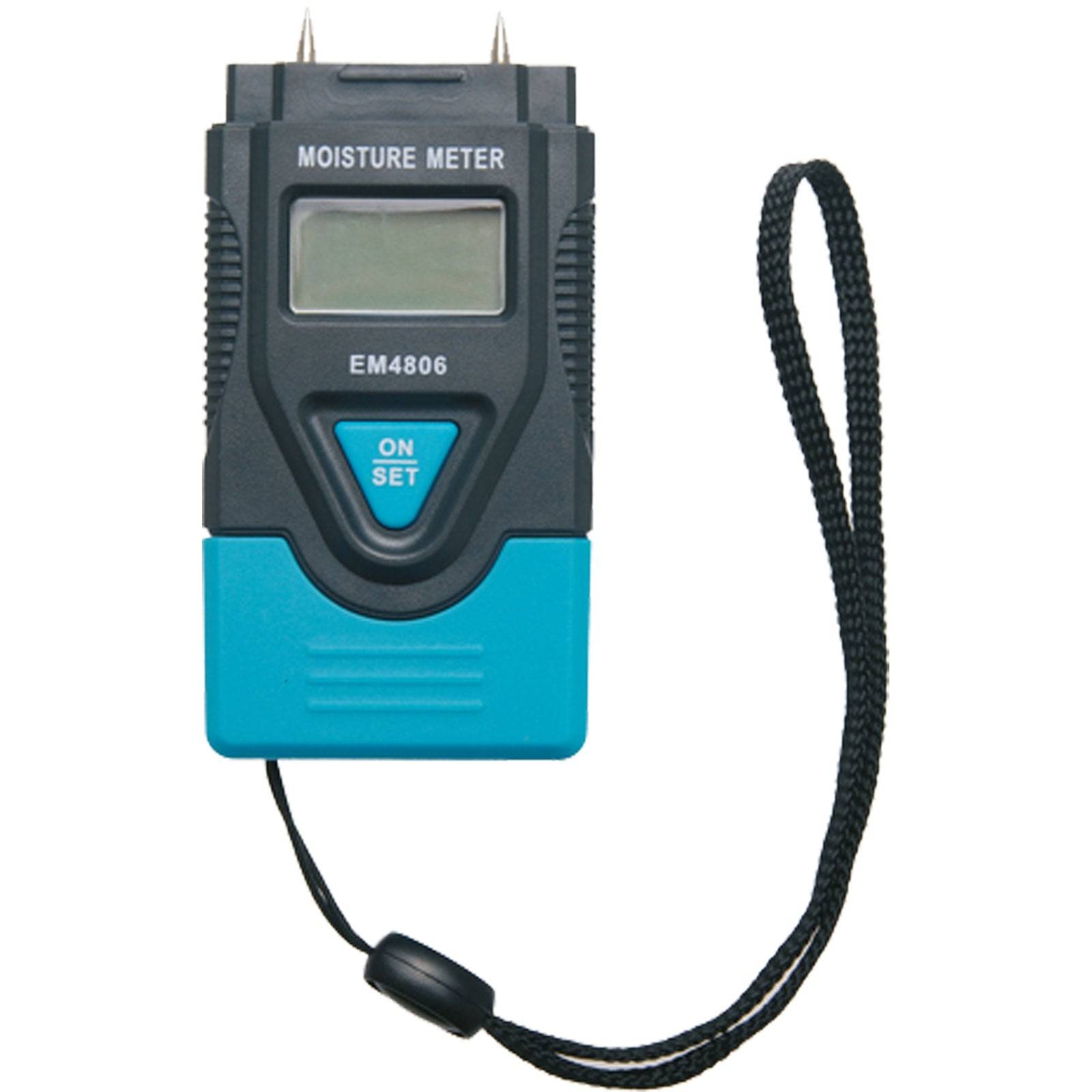 Feuchtigkeitsmesser mit digitaler Anzeige, Anzeige zeigt 'EM4806', blaues Gehäuse, schwarzes Handgelenkband; verwendet zur Messung von Feuchtigkeitswerten.
