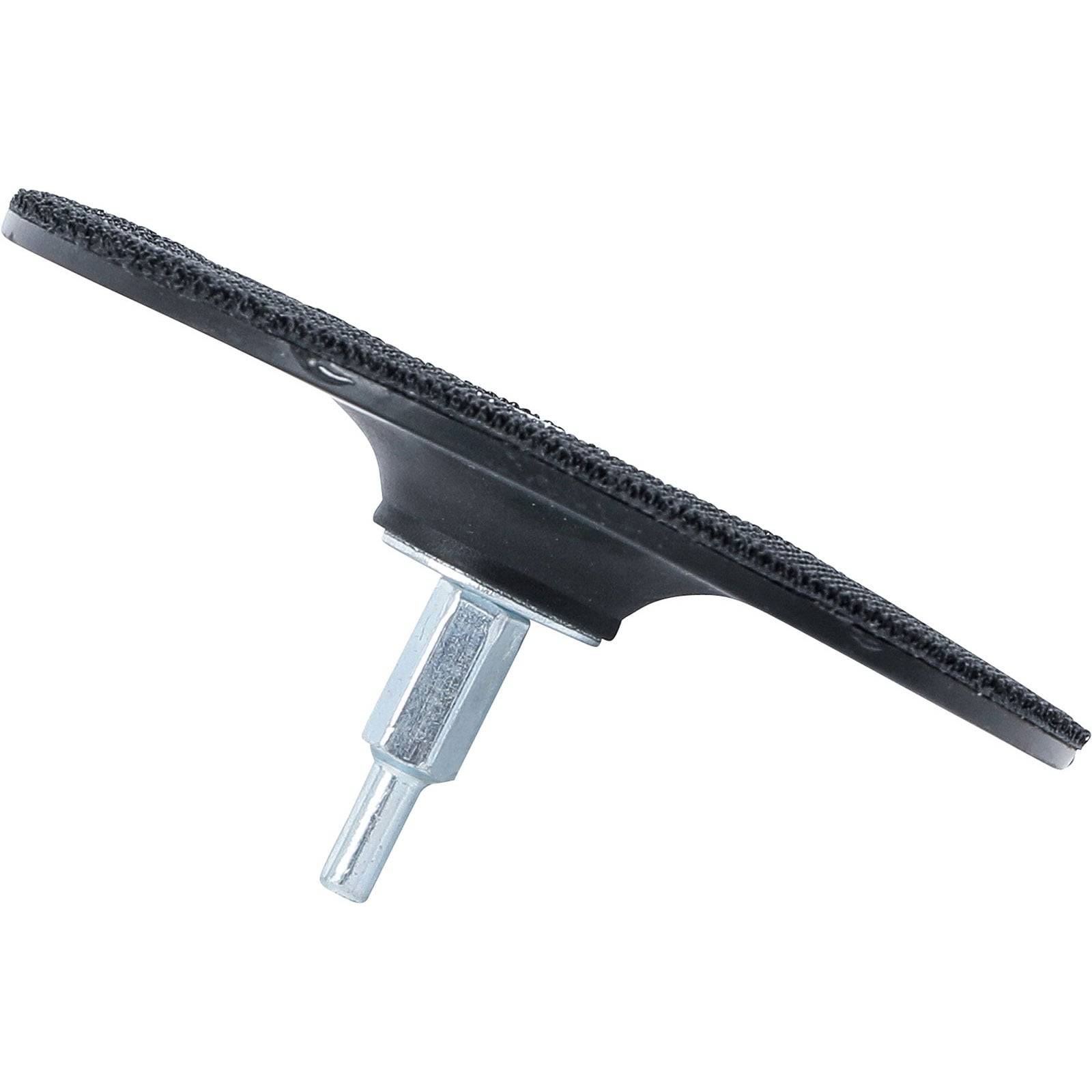 Schwarze, kreisförmige Schleifscheibe mit Sechskantschaft, entwickelt für den Einsatz mit einer Bohrmaschine für Schleifanwendungen.