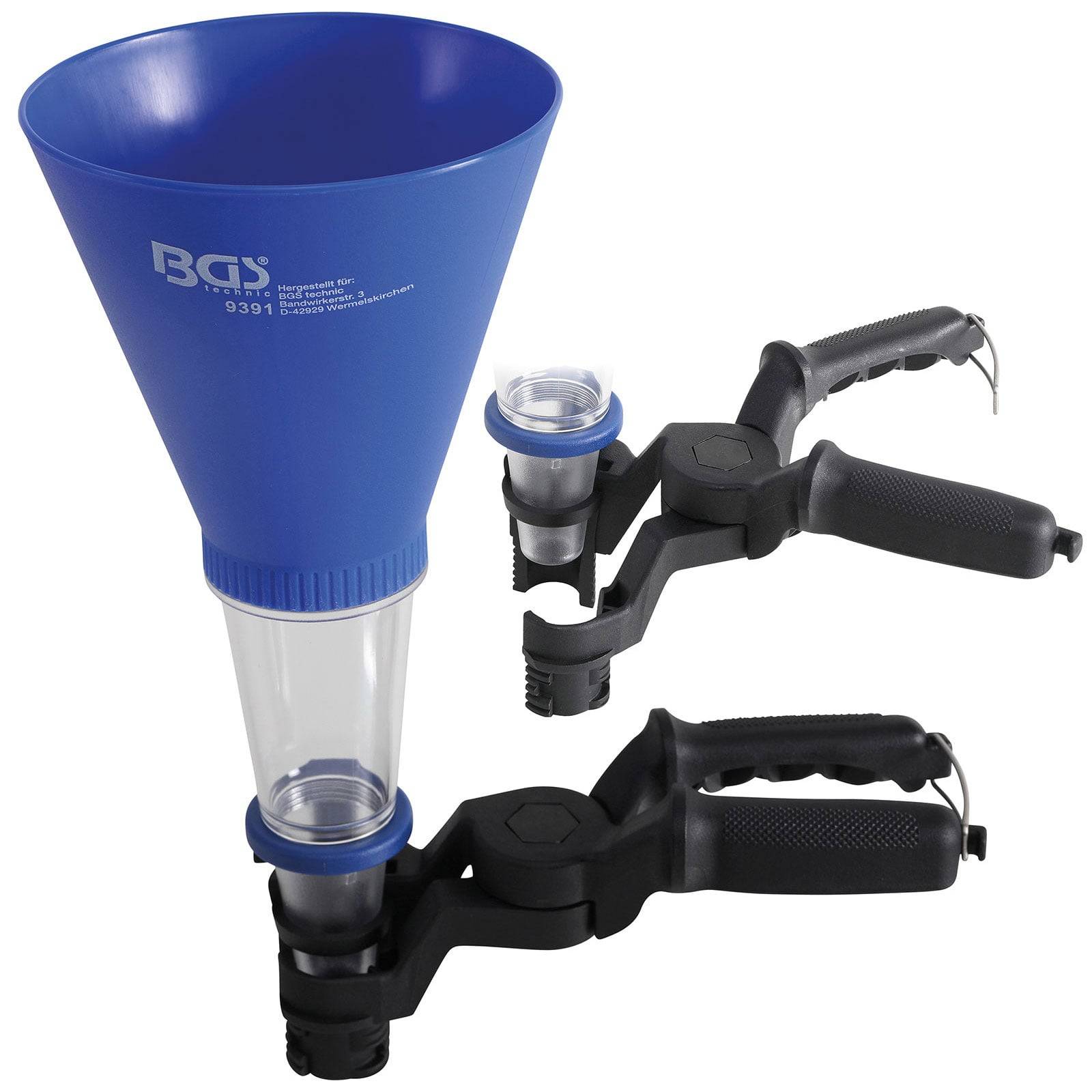 Blauer BGS-Trichter mit zwei schwarzen Klammern, entwickelt für effizienten Flüssigkeitstransfer.
