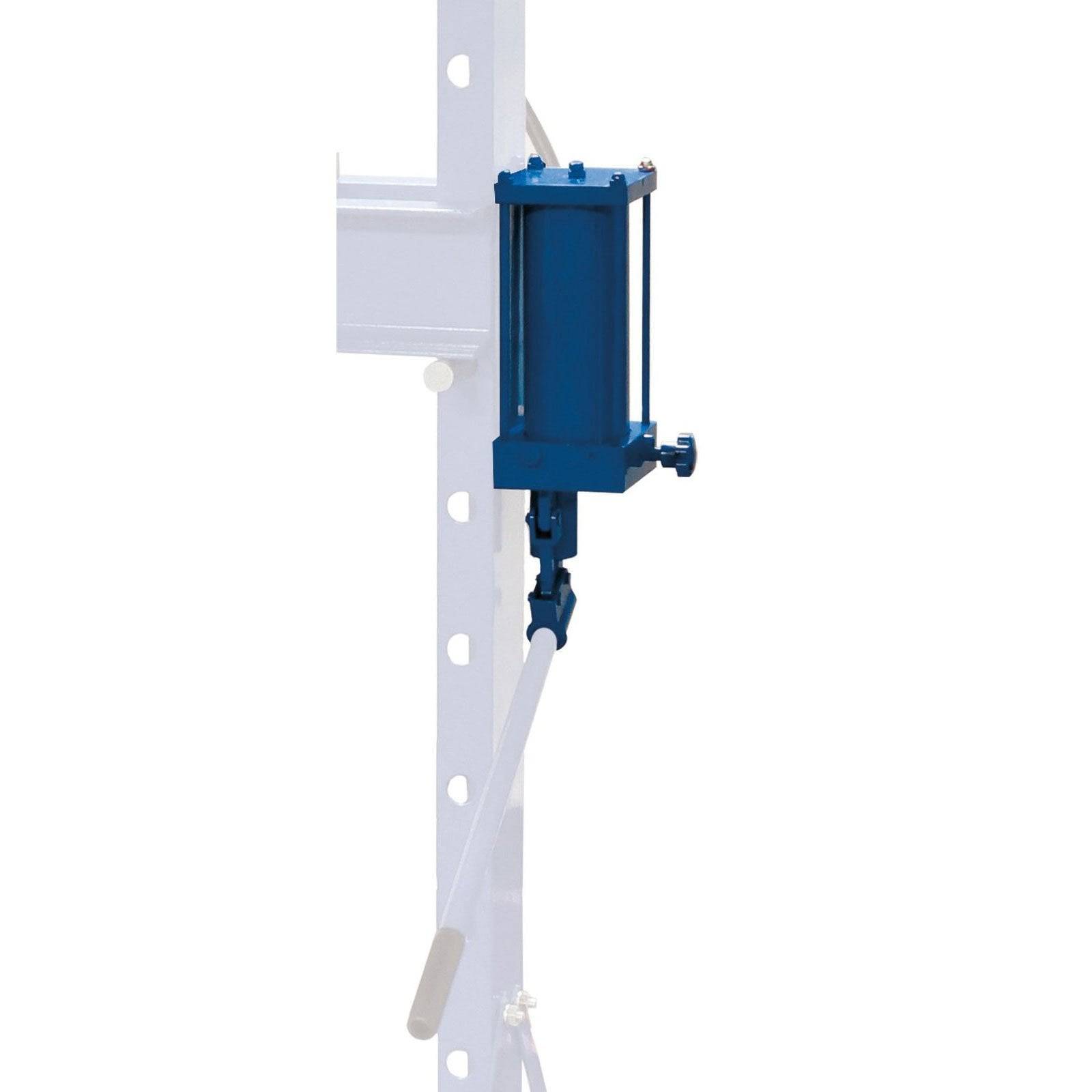Blaue mechanische Vorrichtung, die an einer weißen Struktur befestigt ist und ein vertikales Hebelmechanismus zur manuellen Bedienung aufweist.