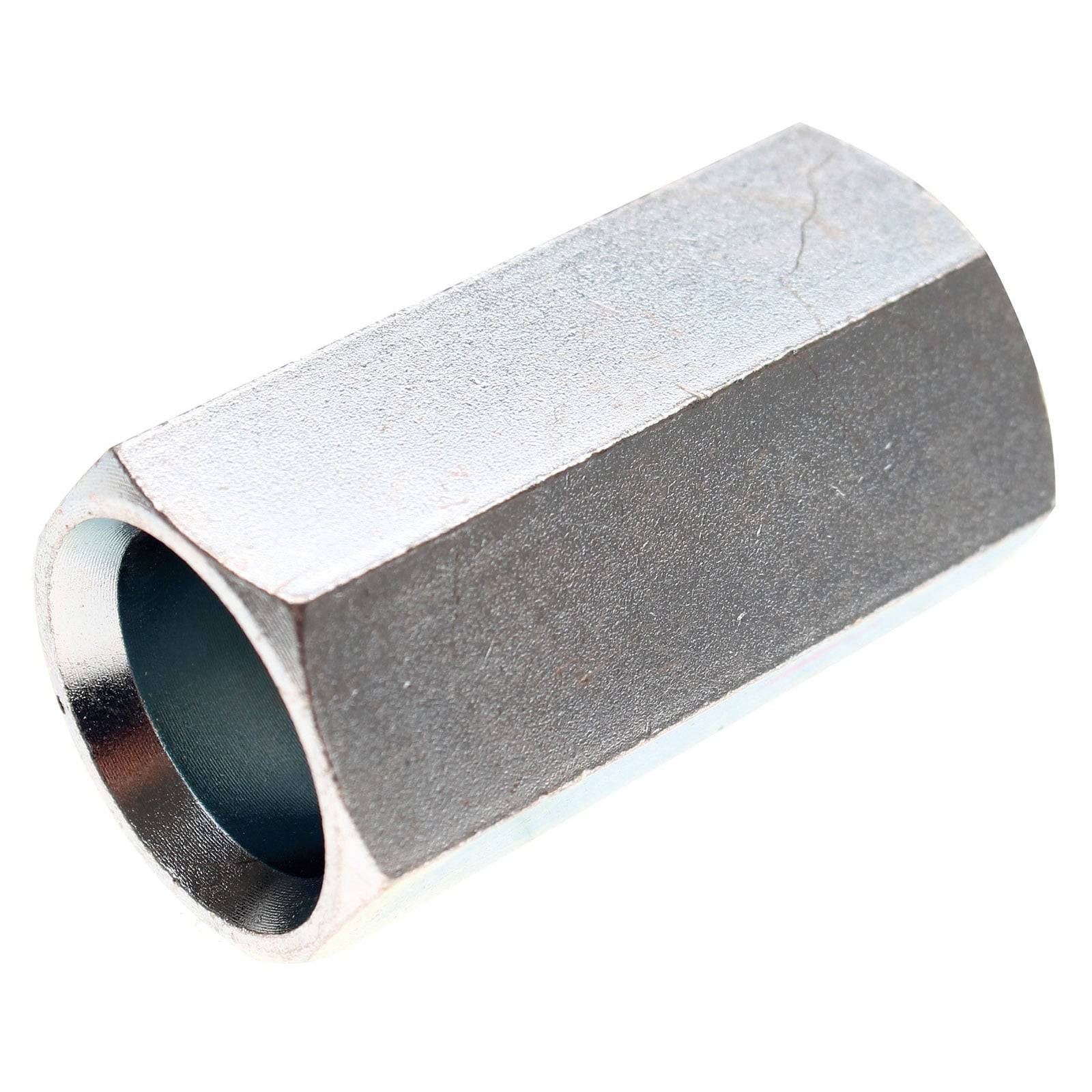 Eine sechseckige Metallhülse mit zylindrischem Innenraum, die zum Verbinden oder Befestigen von Komponenten in mechanischen oder Bauanwendungen verwendet wird.