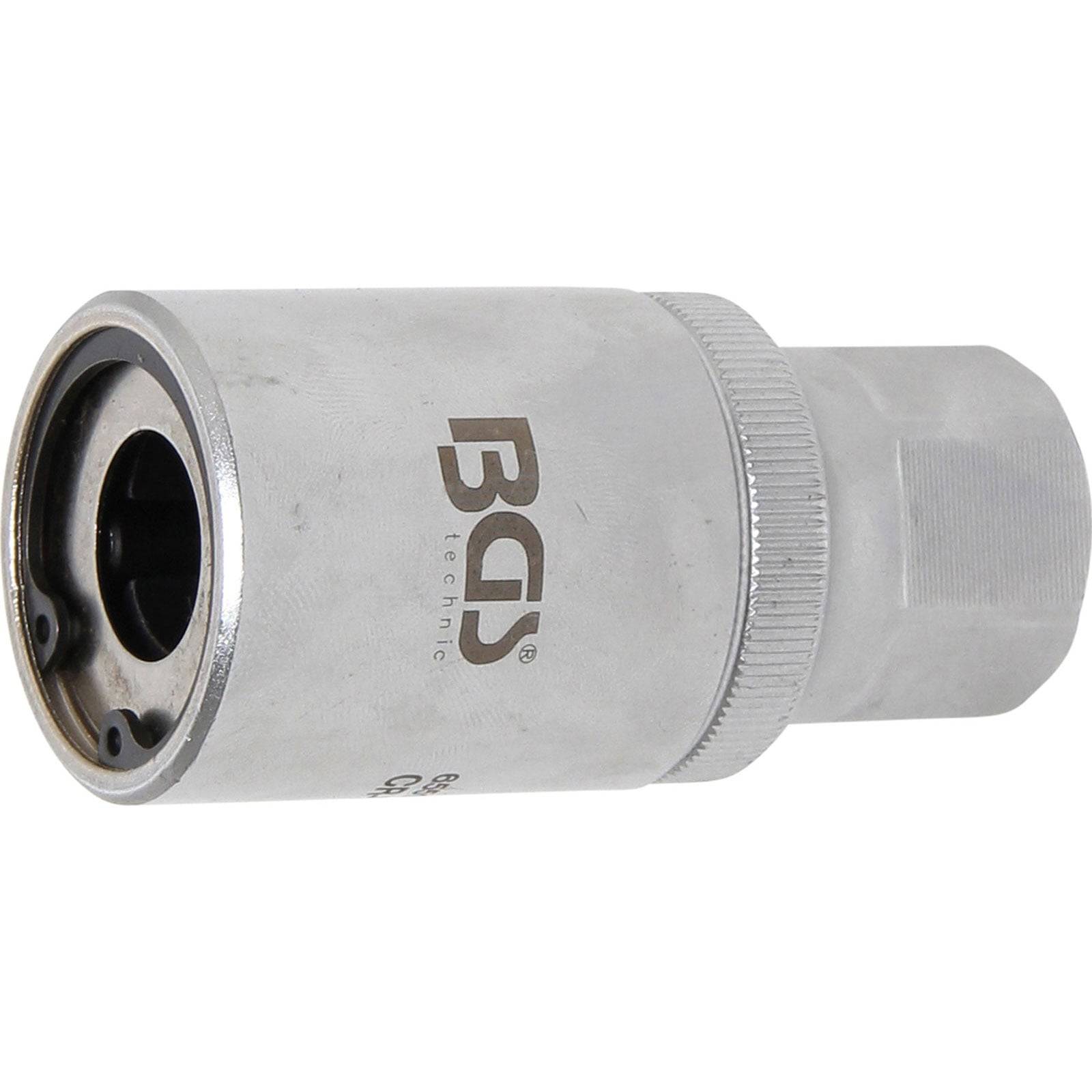 Ein silberner Steckschlüssel mit 'BGS'-Branding, sechseckigem Ende zum Festziehen oder Lösen von Muttern und Schrauben, der in mechanischen Anwendungen verwendet wird.