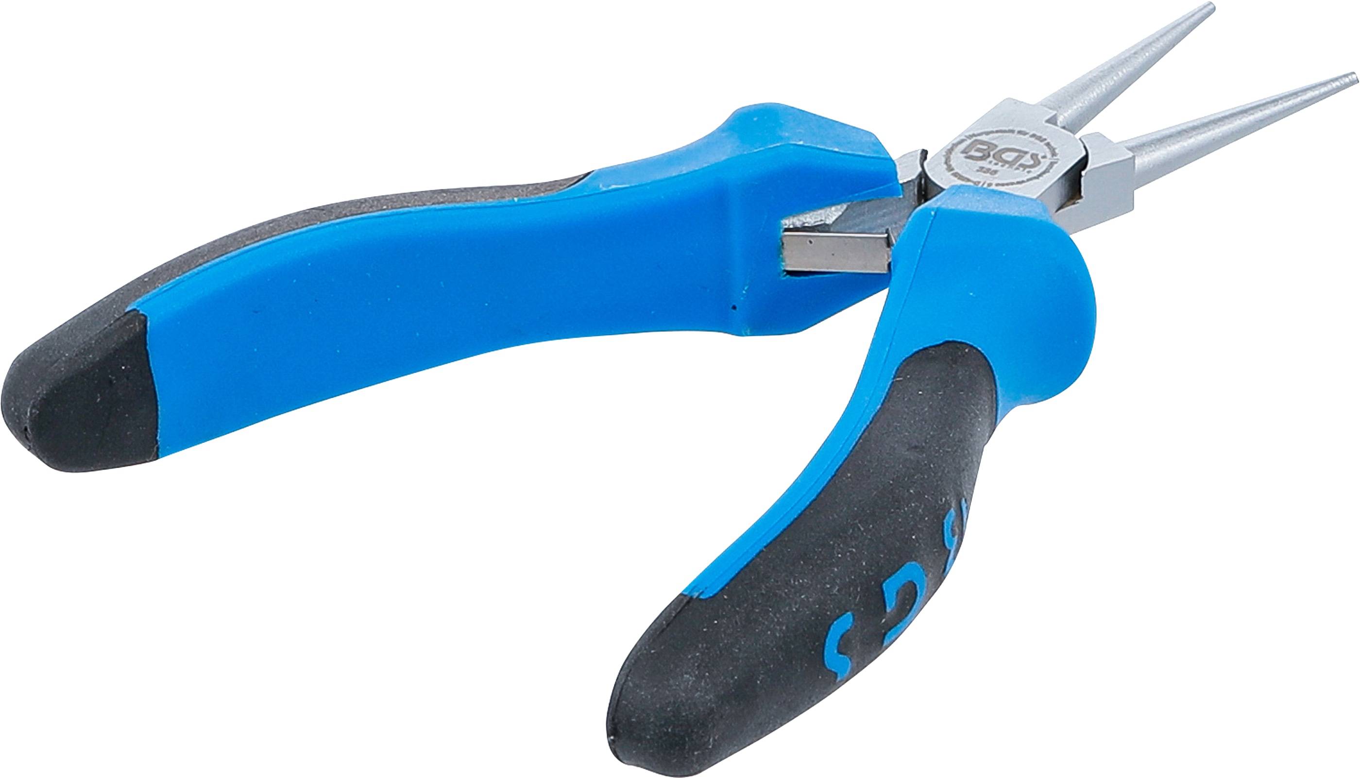 Das Bild zeigt eine Nahaufnahme eines blauen Werkzeugs, möglicherweise einer Zange, mit einem schwarzen Griff und einem Metallgelenk, in einem Winkel, der dessen funktionellen Teil zeigt.