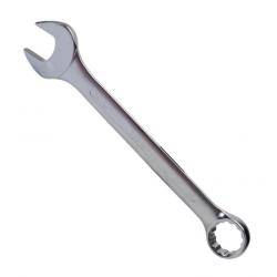 Ein Metall-Kombischlüssel mit offenen Ende und Ringkopf auf weißem Hintergrund.