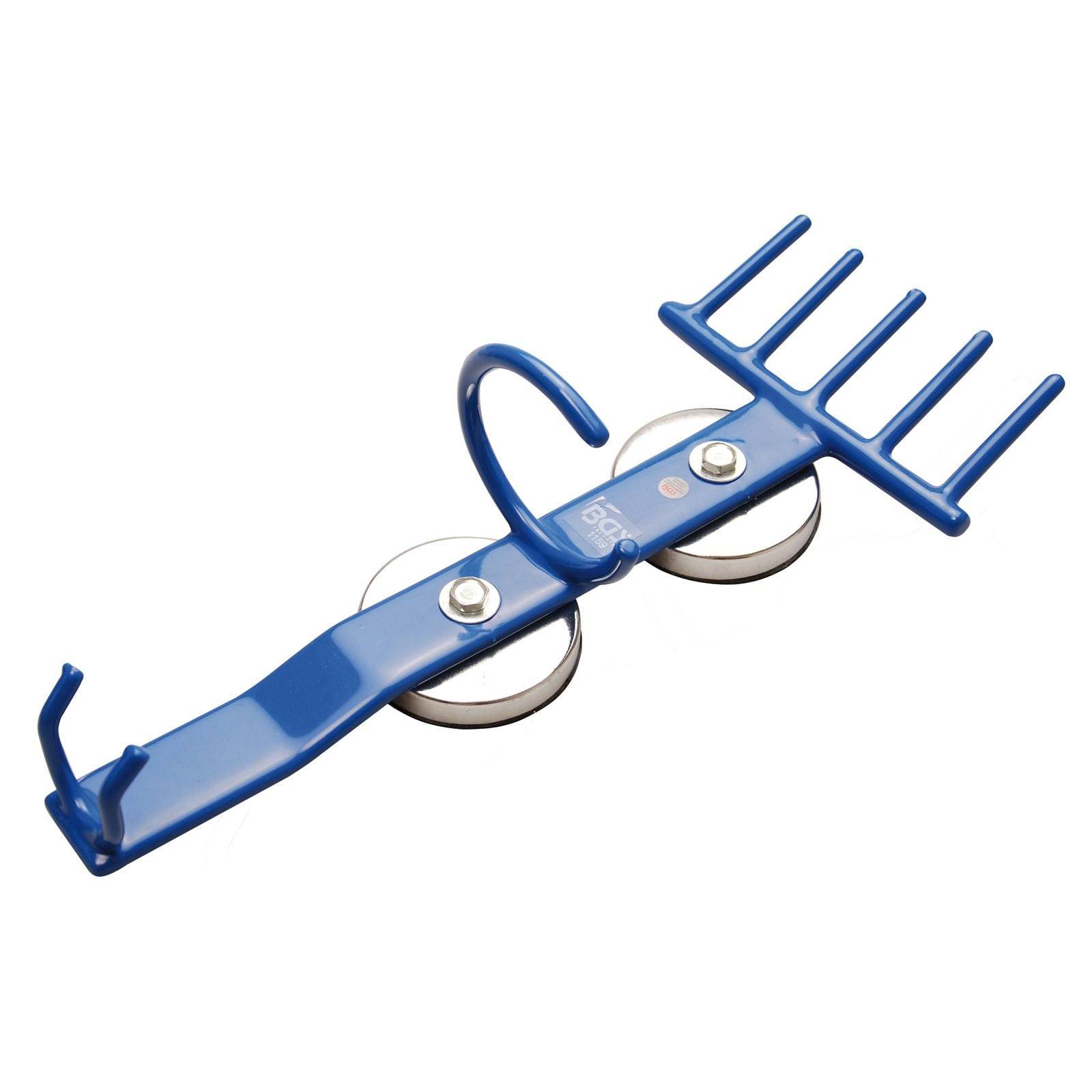 Ein blauer Musikinstrumentenhalter mit Saugnapf und Haken, der entwickelt wurde, um an glatten Oberflächen zu befestigen und ein Instrument an Ort und Stelle zu halten.