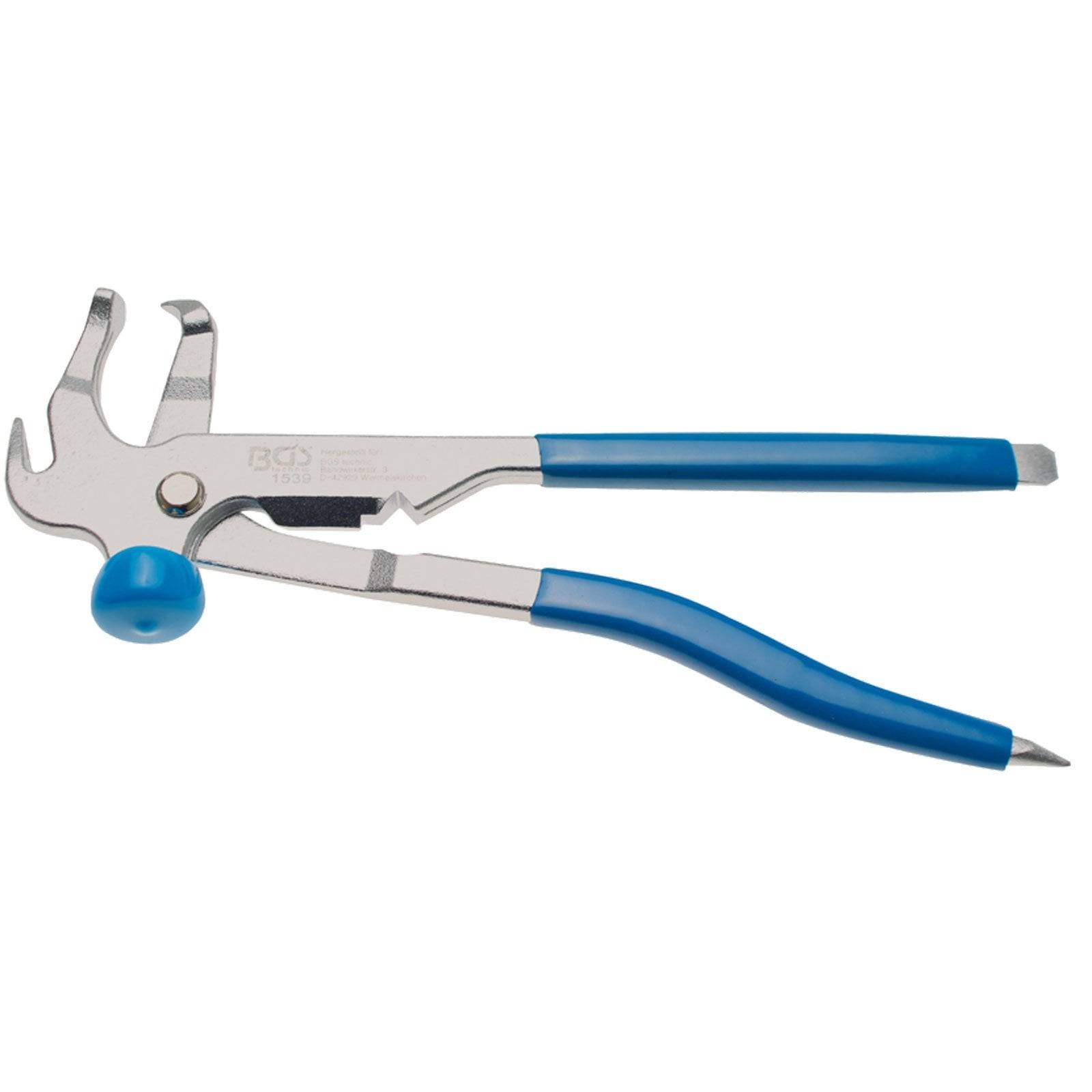 Silbernes Multifunktionswerkzeug mit blauen Gummigriffstücken, ausgestattet mit einer Klauenhammer, Zange und weiteren Funktionen, auf einem einfarbigen Hintergrund platziert.