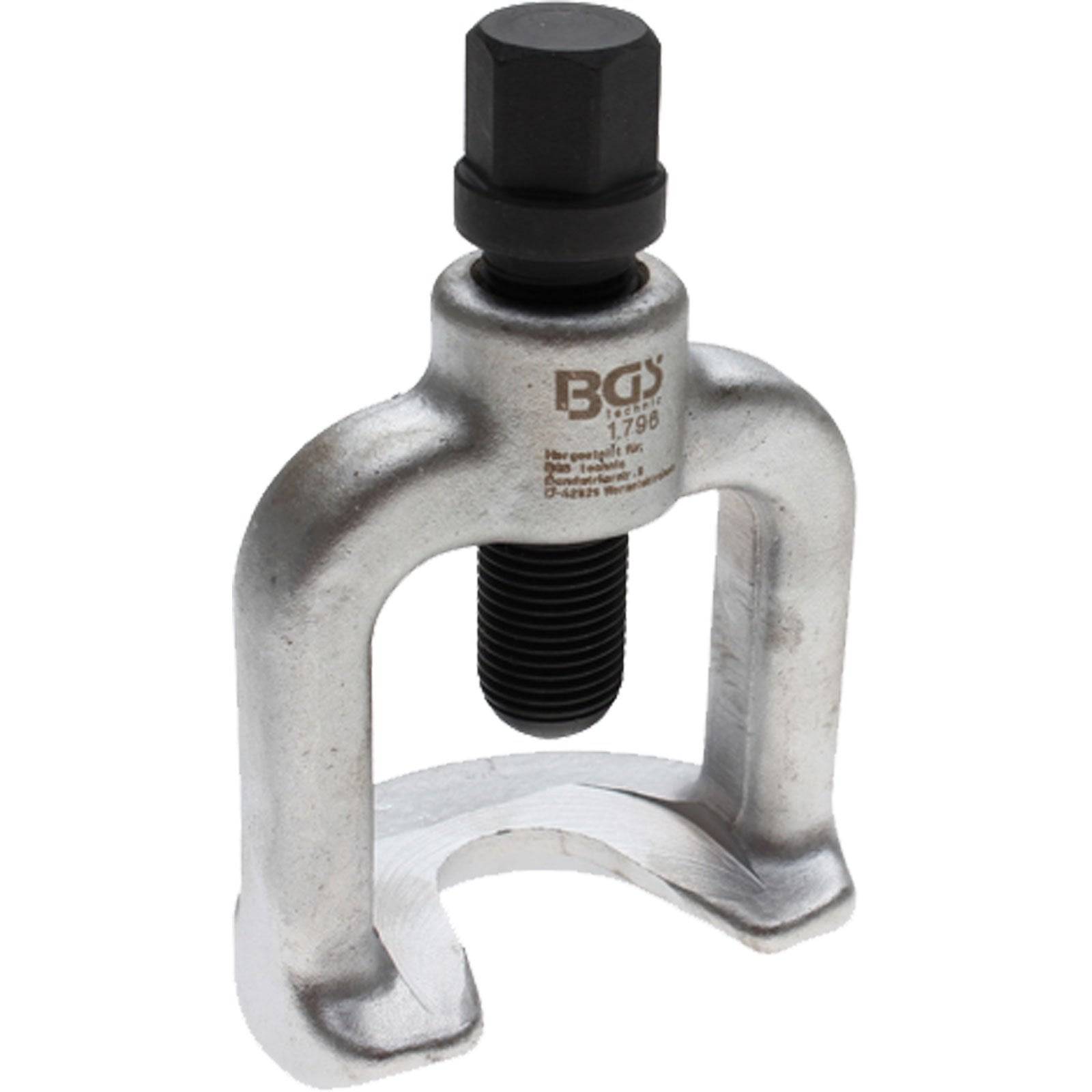 Ein silberner Kugelgelenk-Trennwerkzeug mit einer schwarzen Gewindeschraube, verwendet für Autoreparaturen und -wartung.