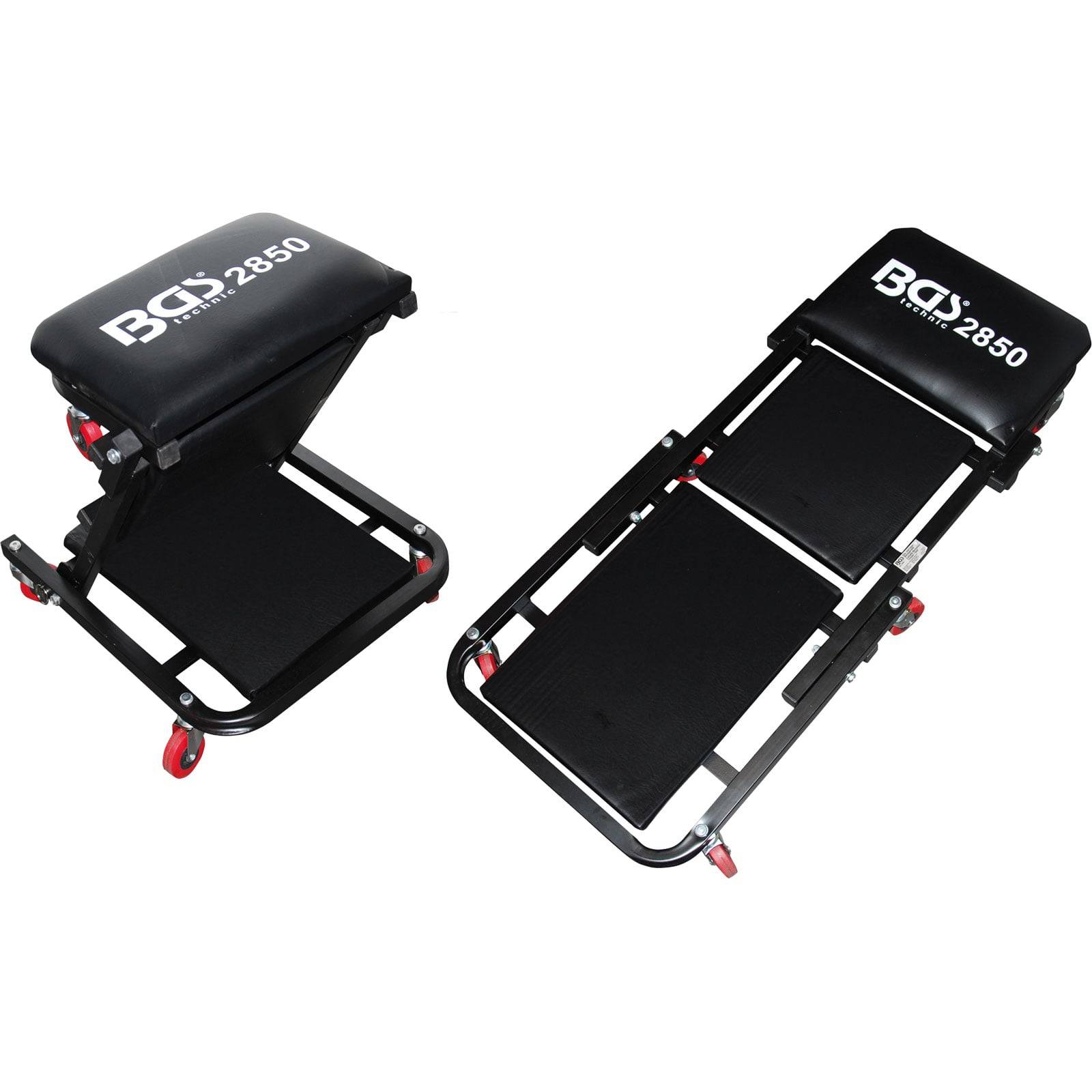 BG 2850 beschriftetes schwarzes Mechaniker-Rollbrett-Set, dargestellt als Sitz und Liege, jeweils mit roten Rädern für Mobilität.