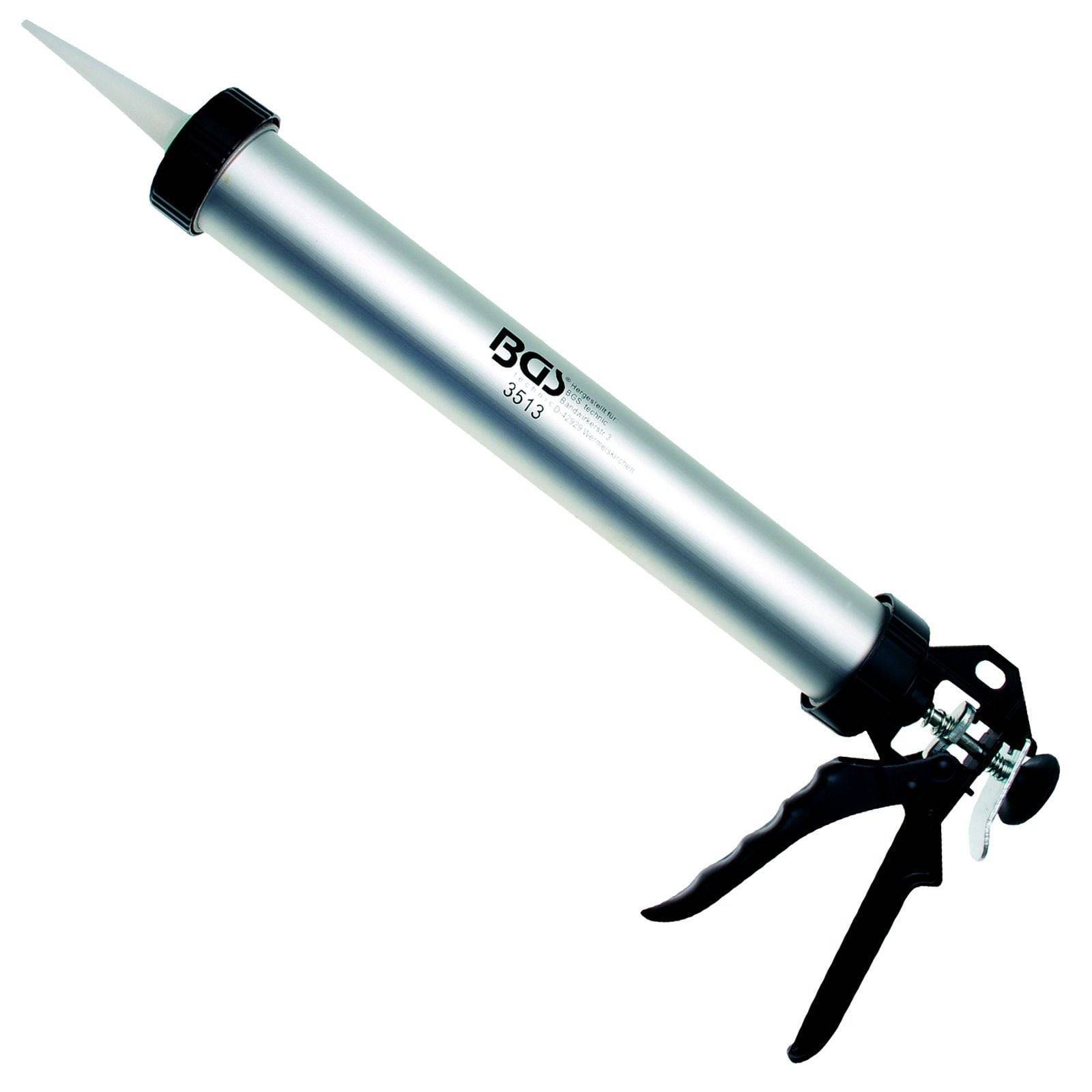 Kartuschenpistole mit einer Metallröhre, schwarzem Griff und Auslöser, verwendet zum Abdichten von Fugen und Rissen.