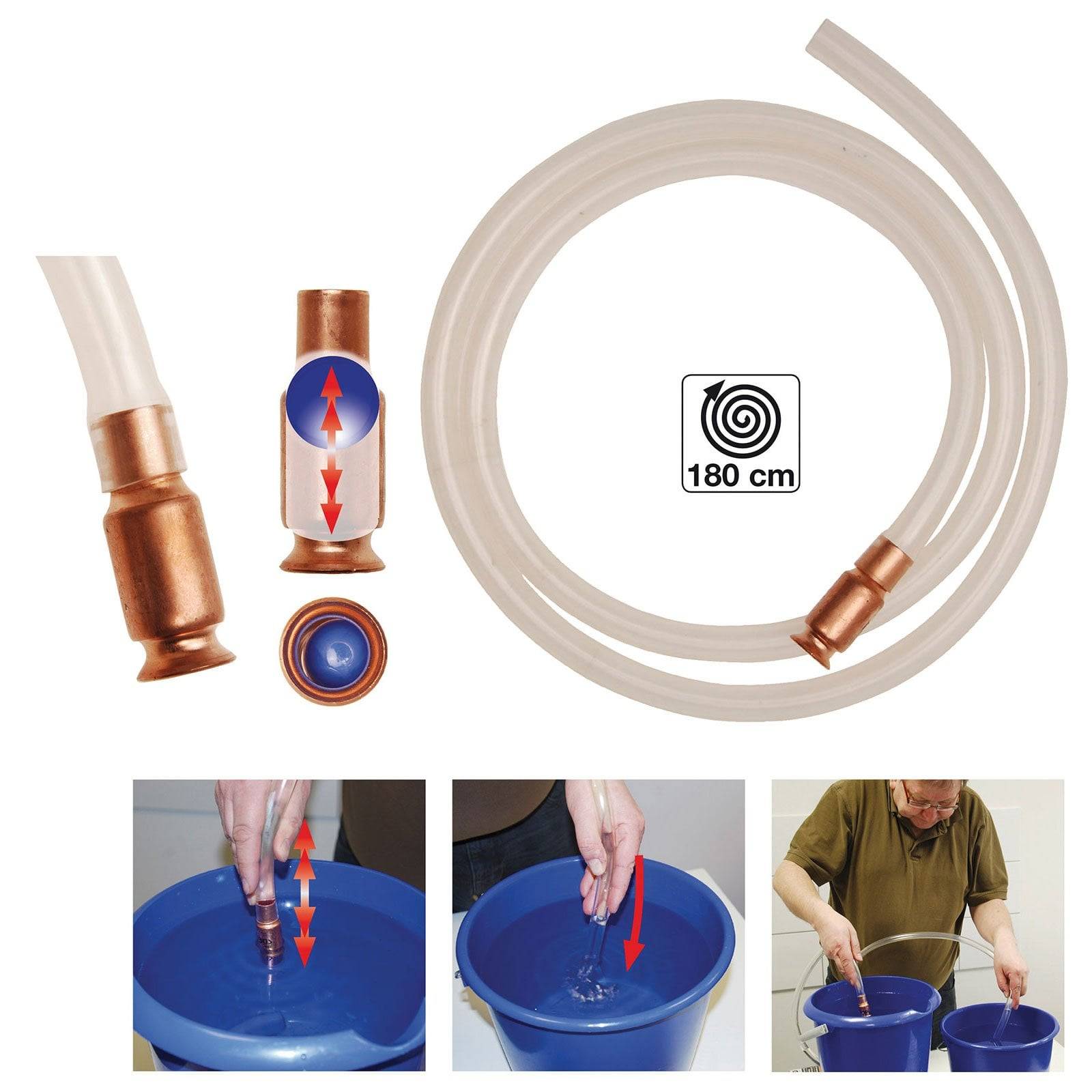 Das Bild zeigt einen Siphonschlauch mit Kupferbeschlägen und einer Länge von 180 cm. Drei kleinere Bilder demonstrieren dessen Verwendung zum Flüssigkeitstransfer zwischen Eimern.