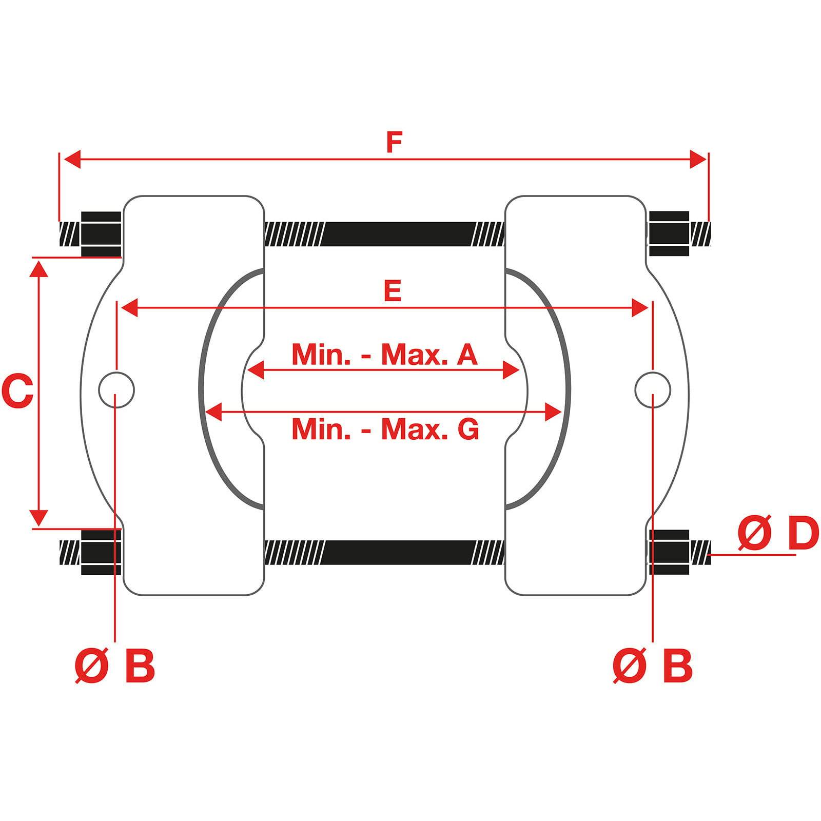 Diagramm einer Rohrkupplung mit beschrifteten Dimensionen: F, C, E, Ø B, Ø D. Beinhaltet Bereiche für A und G zwischen zwei Kupplungsseiten.