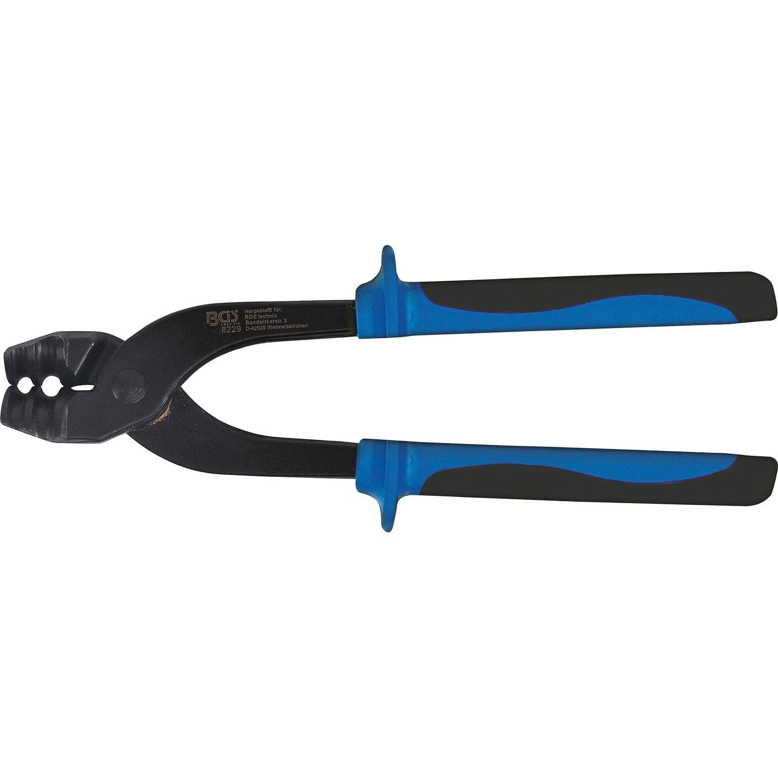 Zange mit blauen und schwarzen Griffen, entwickelt für Greif- oder Schneidaufgaben, mit abgerundetem Kopf und Crimpschlitzen an der Spitze.