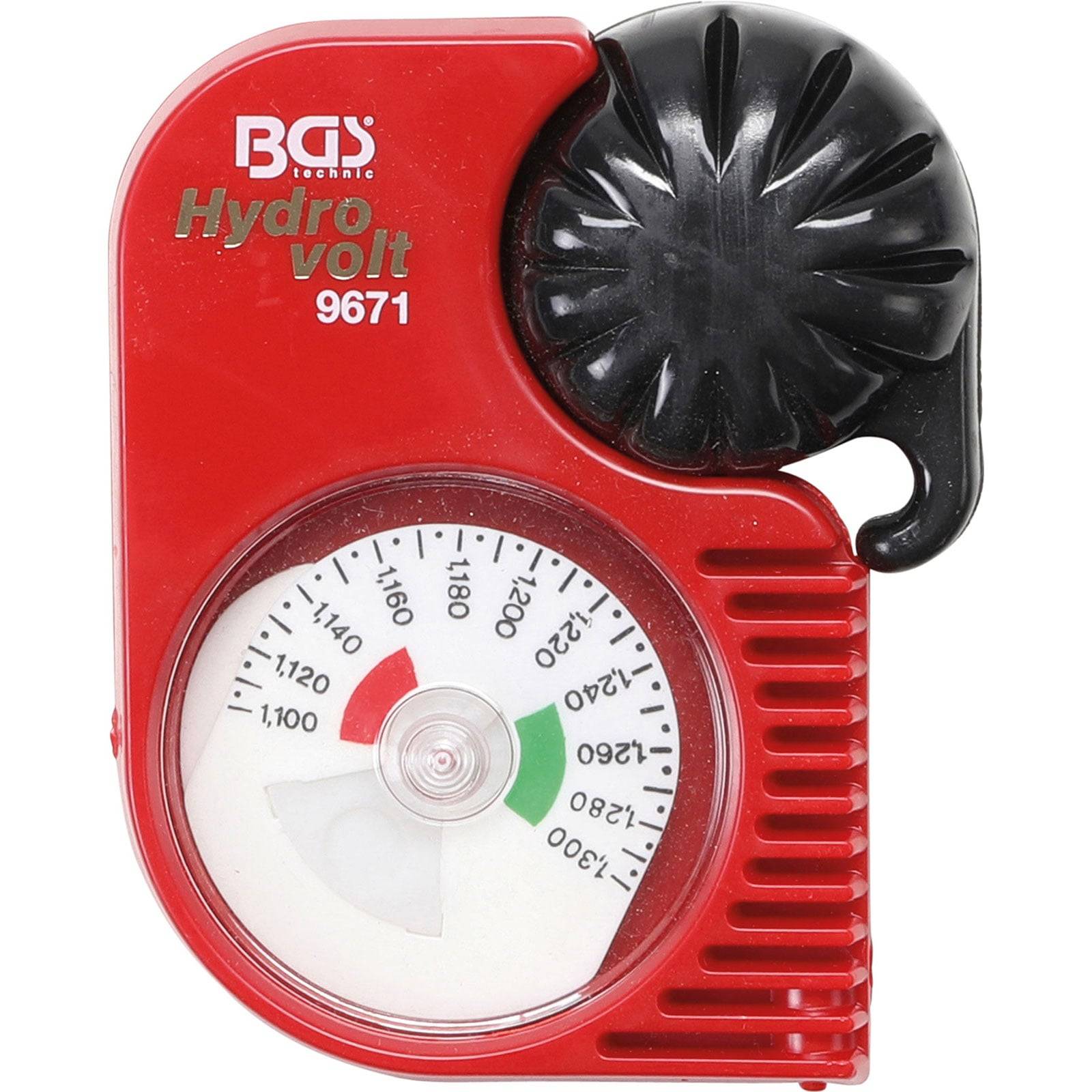 Ein roter Batterie-Hydrometer mit einer Anzeige, die die spezifischen Dichtewerte zeigt. Das Zifferblatt verfügt über grüne, weiße und rote Abschnitte, die den Ladezustand anzeigen.