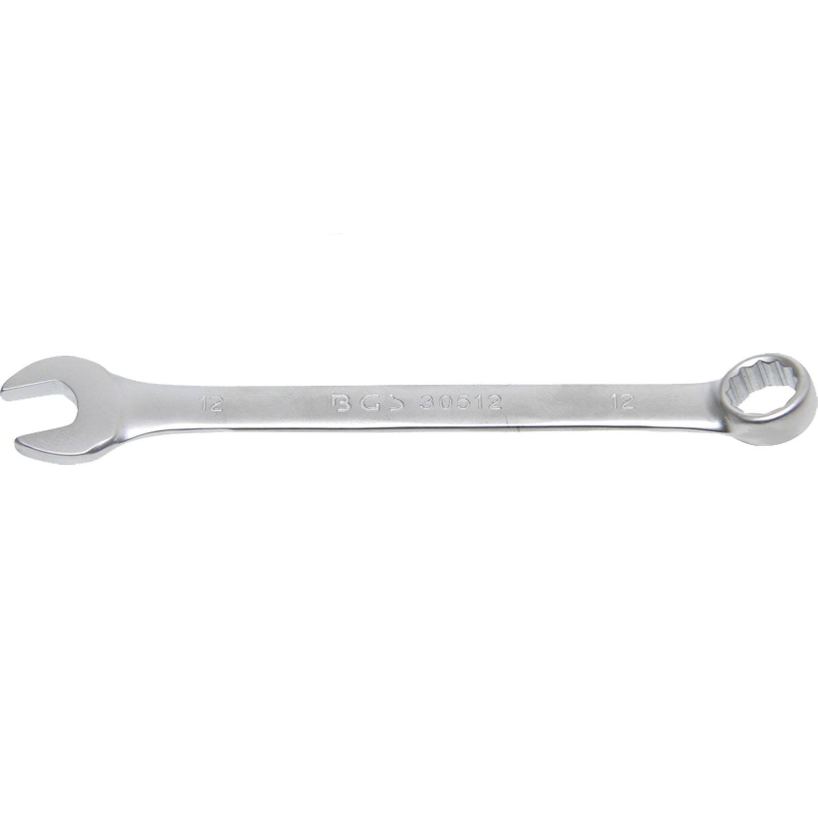 Ein Maulschlüssel aus Silber mit einer offenen Seite und einer geschlossenen Ringseite, der zum Anziehen oder Lösen von Muttern und Schrauben konzipiert ist.