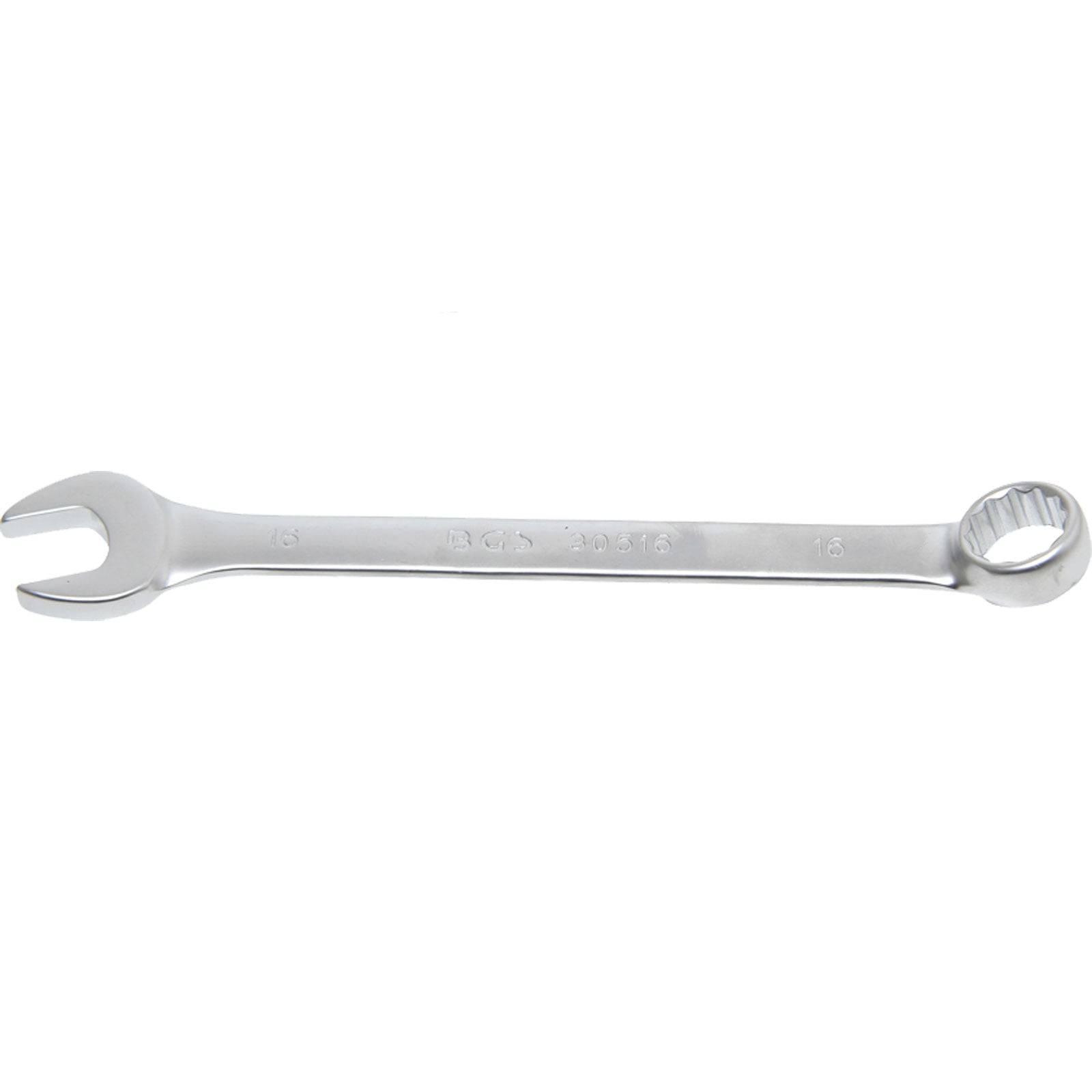 Ein Maulschlüssel aus Metall mit einer offenen Seite und einer Ringseite, der zum Anziehen oder Lösen von Muttern und Schrauben entwickelt wurde.