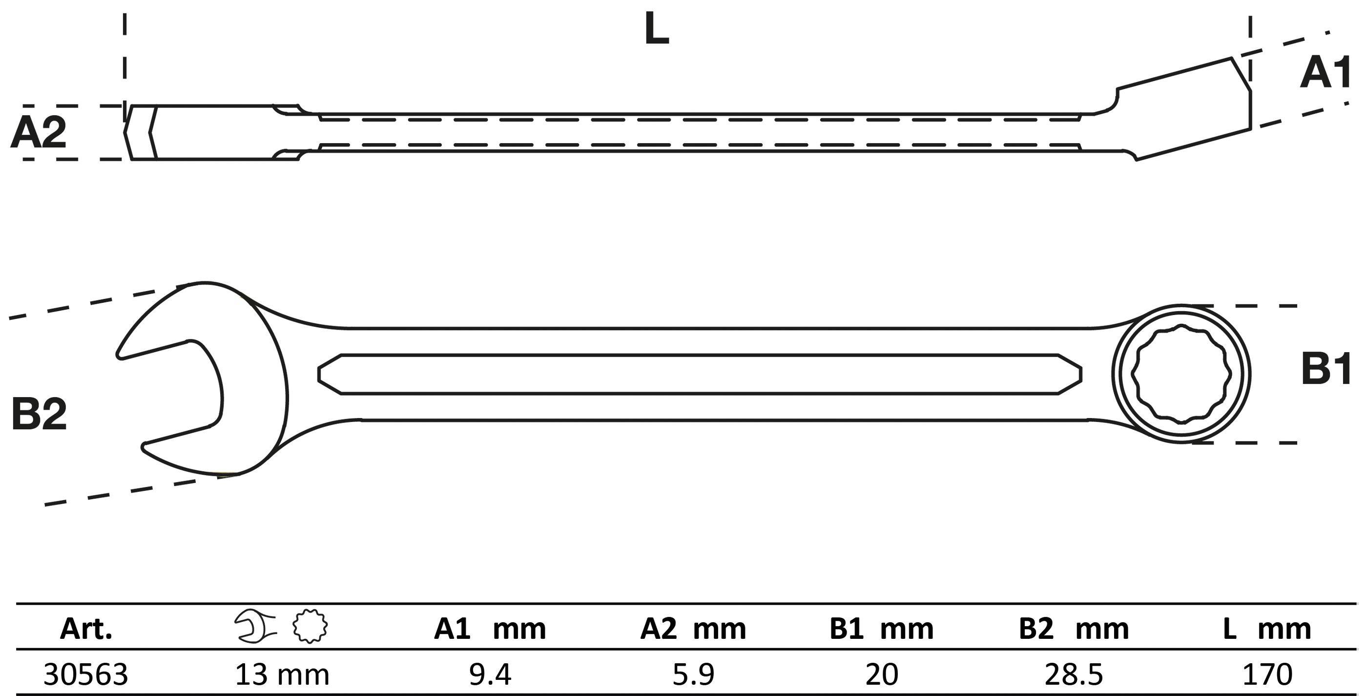 L'-förmiges Diagramm mit Messungen: A1 ist 4,4, A2 ist 5,9, B1 ist 20, in Millimetern.