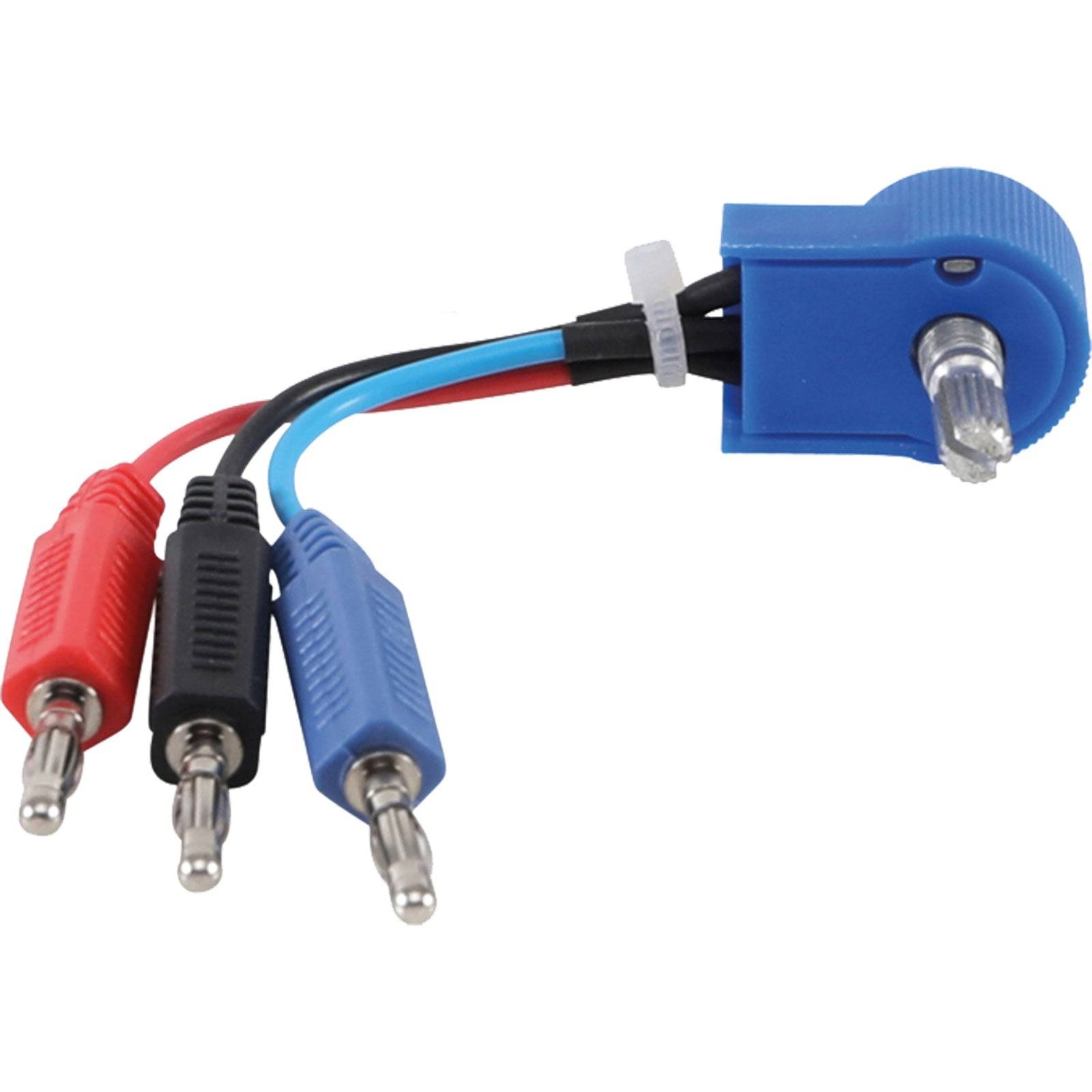 Ein blauer Audioadapter mit drei angeschlossenen Kabeln, die jeweils in einem 3,5-mm-Klinkenstecker enden: ein rotes, ein schwarzes und ein blaues Kabel, mit einem Kabelbinder befestigt.