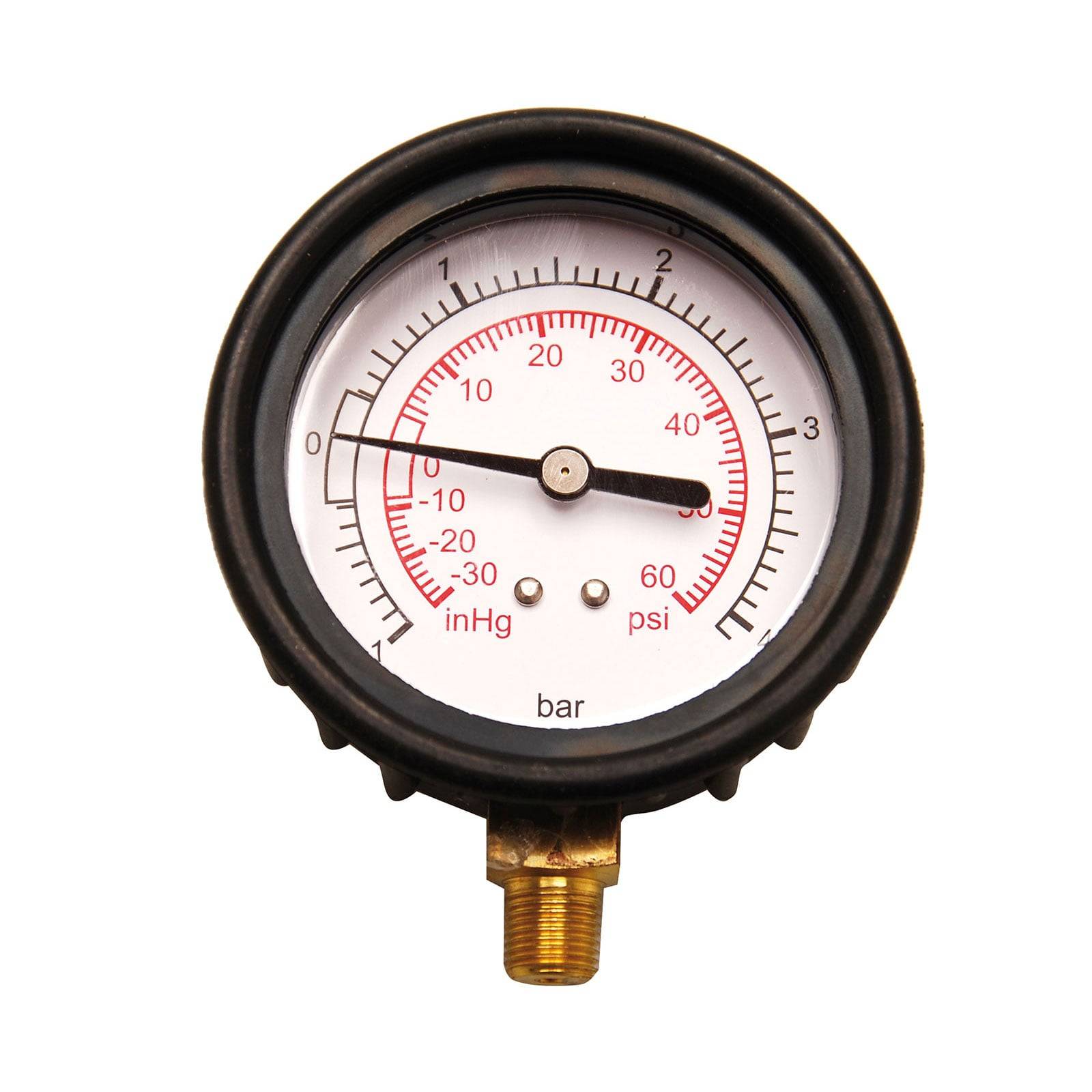 Eine Druckanzeige, die Messungen in psi und inHg anzeigt, mit einer Nadel, die zwischen 0 und 10 psi zeigt, zur Überwachung von Druckniveaus.