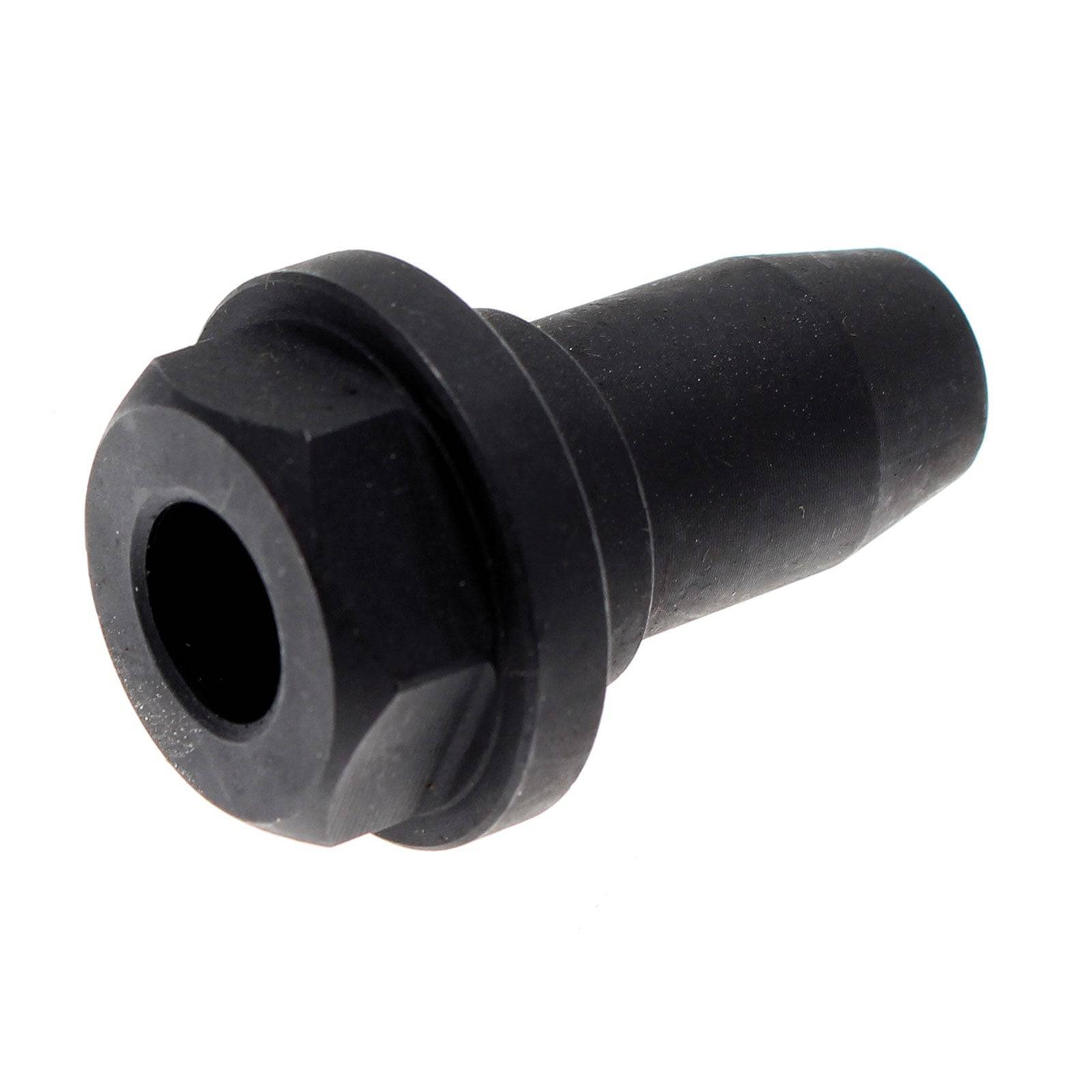 Ein schwarzer Gummistopfen mit sechseckigem Oberteil und zylindrischem Körper, verwendet zum Abdichten oder Verschließen von Öffnungen.