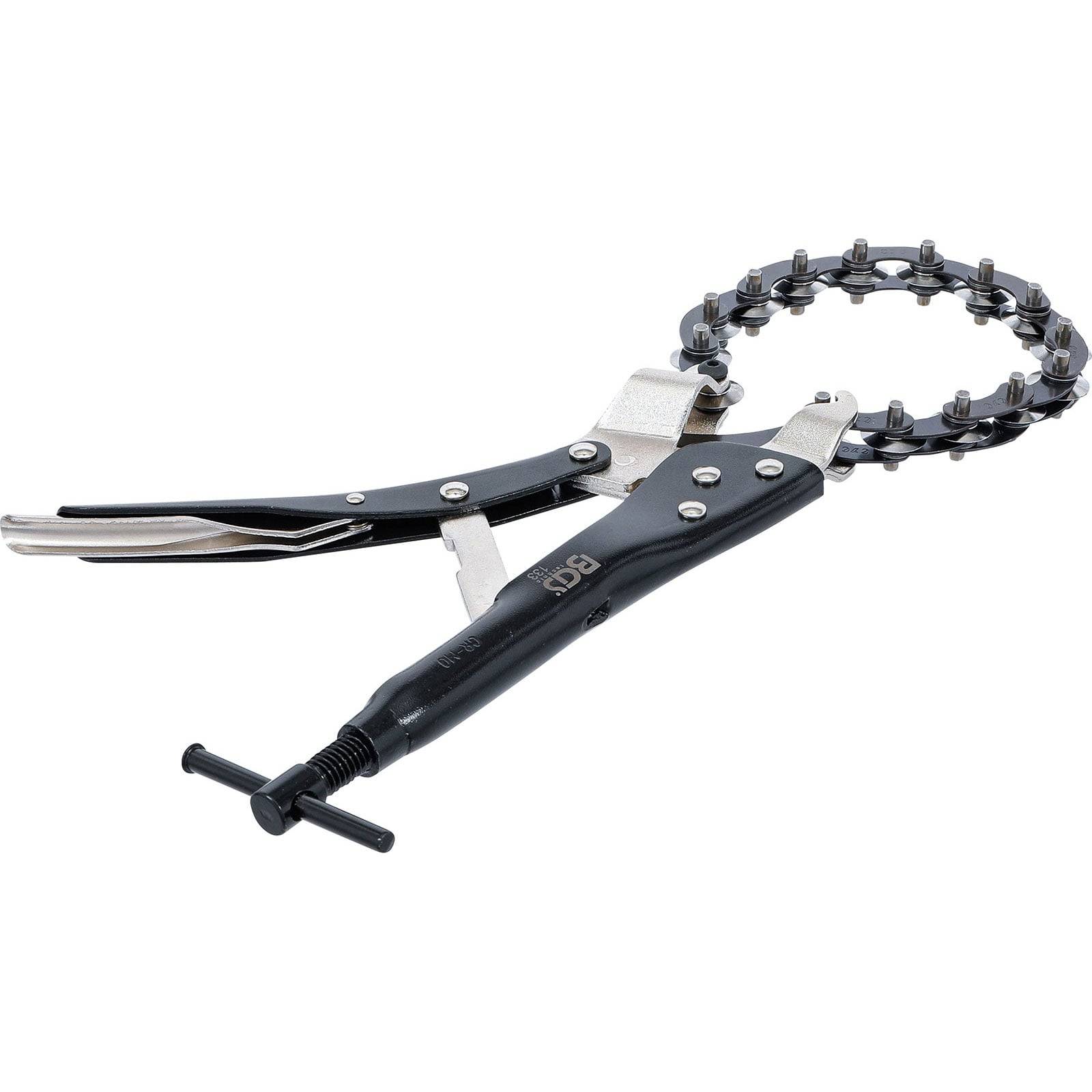 Handwerkzeug mit Kettengriff und verstellbarer Spannhebel, das zum Greifen oder Festziehen von zylindrischen Gegenständen wie Rohren verwendet wird.