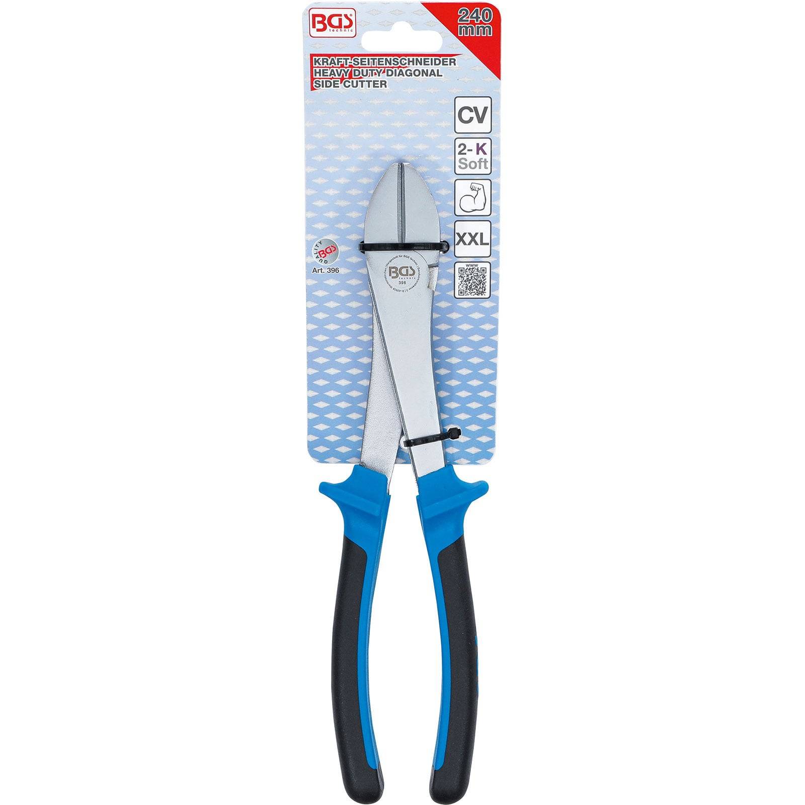 Seitenschneider-Werkzeug mit blauen und schwarzen Griffen, in Verpackung gezeigt. Text auf der Verpackung liest '240 mm', 'BGS', 'CV', '2-K Soft', 'XXL'.