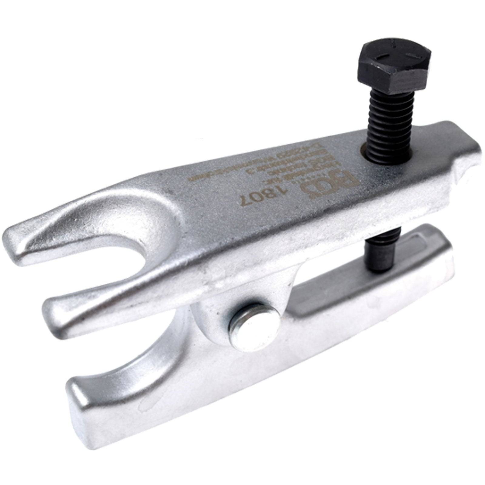 Ein Spurstangenauszieher, der aus Metall gefertigt ist, mit einer U-förmigen Konstruktion und Schraubenmechanismus, der zum Entfernen von Spurstangen aus Fahrzeugen verwendet wird.