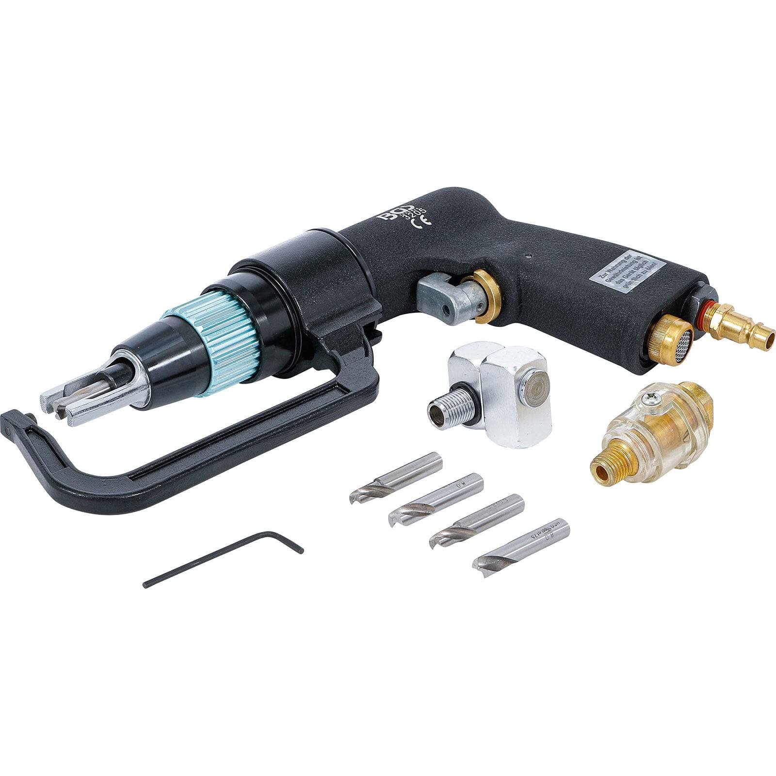 Luftschraubendreher-Set mit Zubehör und Inbusschlüssel, mit schwarzem Griff und metallischen Komponenten, entwickelt für präzise Montageaufgaben.