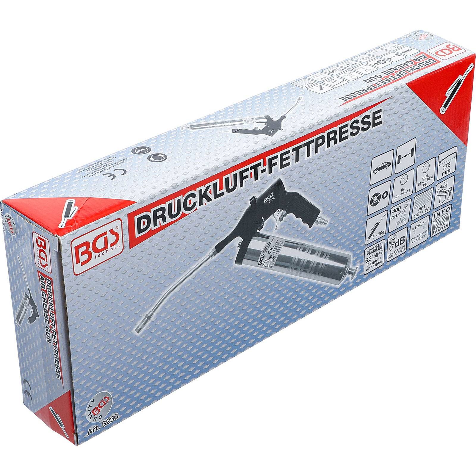 Eine in einer Schachtel verpackte pneumatische Fettpresse mit der Bezeichnung 'BGS Druckluft-Fettpresse' mit Bildern, die die Verwendung für die Automobilwartung zeigen.