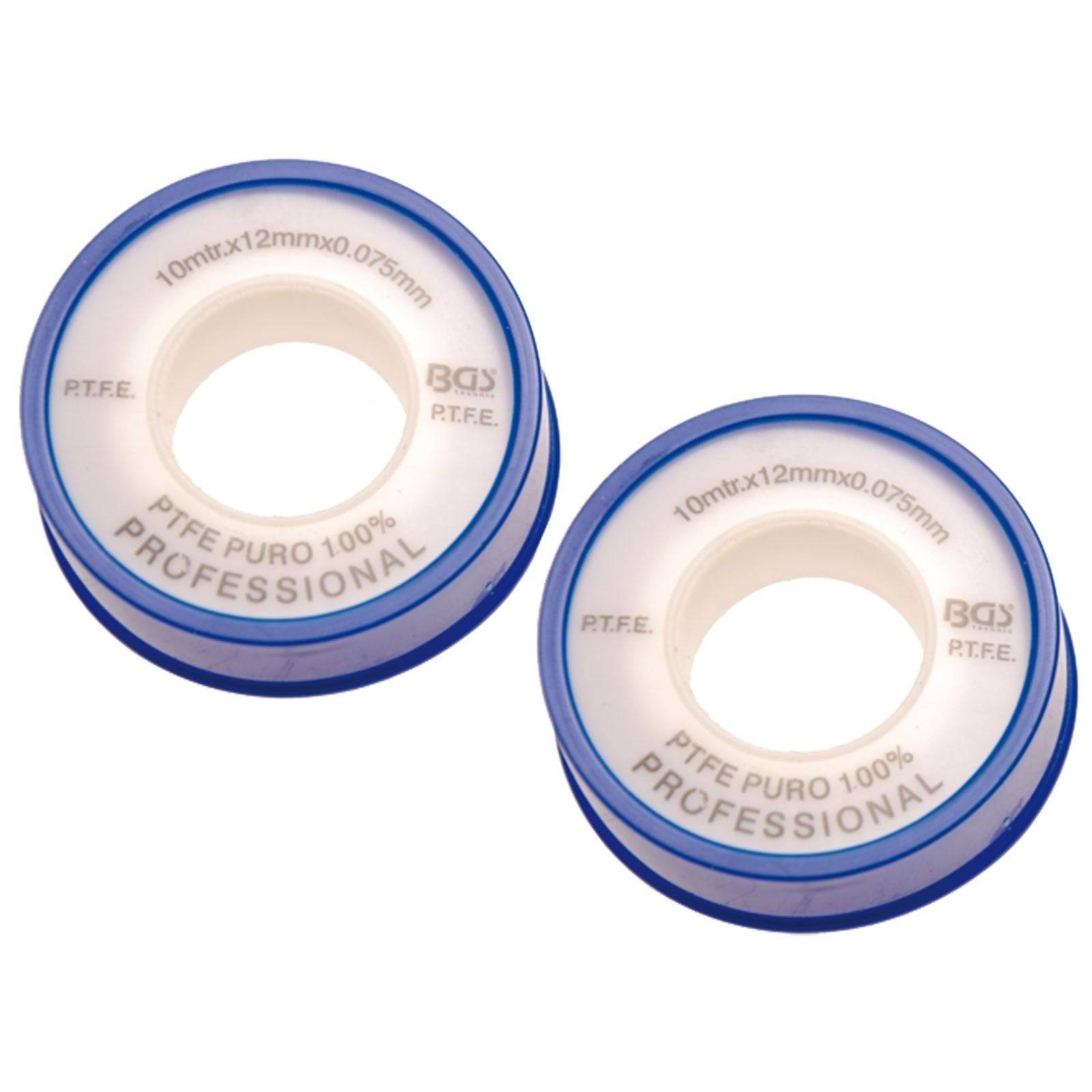 Zwei weiße und blaue Rollen PTFE-Klebeband, beschriftet mit 'BGS PROFESSIONAL'. Jede Rolle ist 10 Meter lang und 12 mm breit.