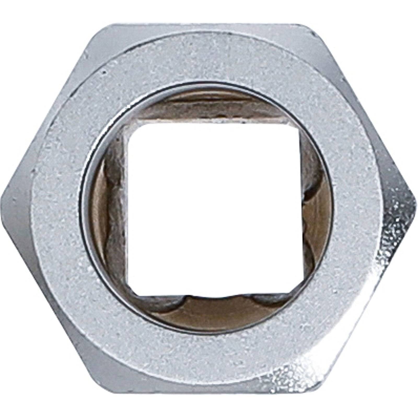 Eine metallische Sechskantbuchse mit einer quadratischen Öffnung in der Mitte, die häufig in mechanischen Anwendungen zum Festziehen oder Lösen von Befestigungselementen verwendet wird.
