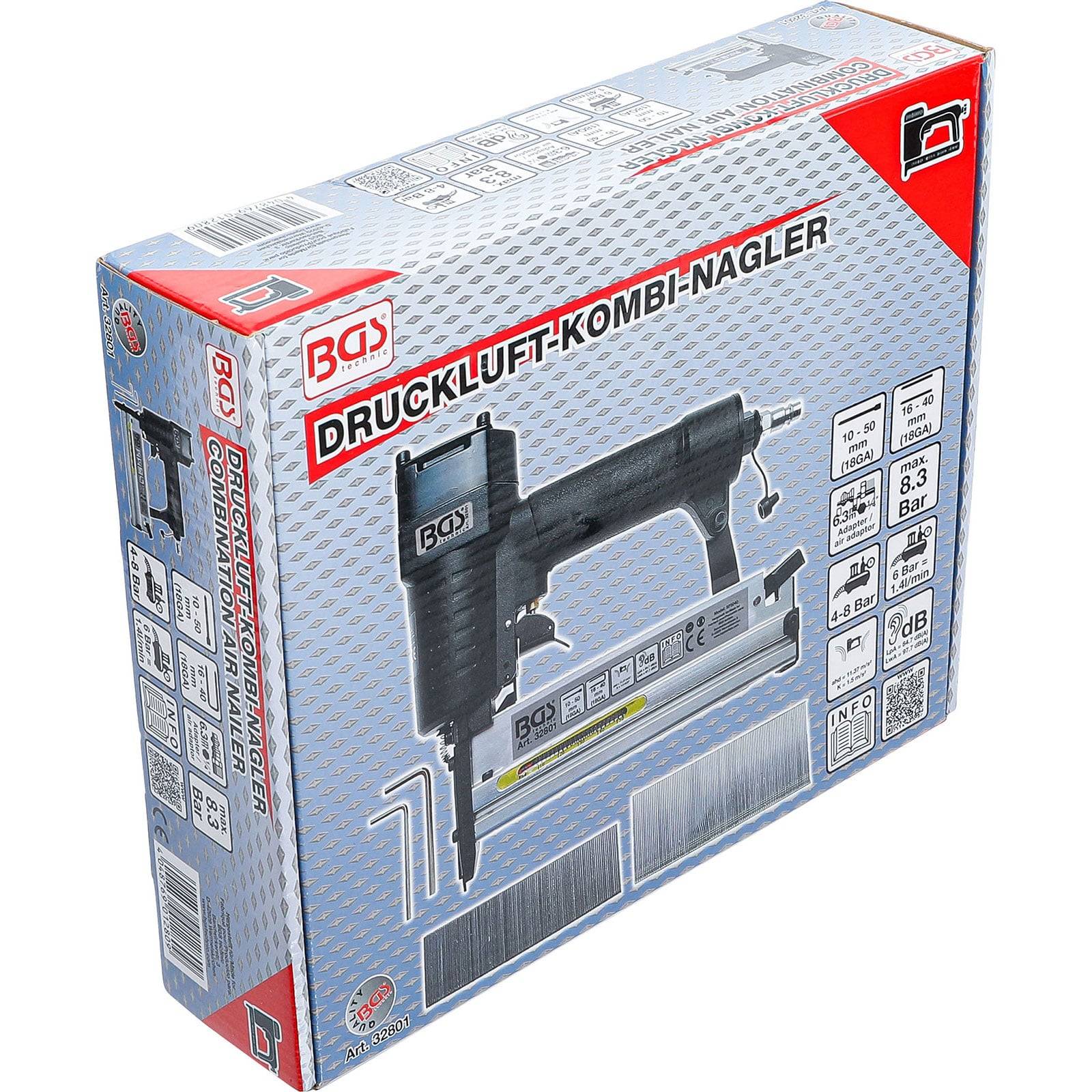 Eine Verpackung, die einen kompakten schwarzen pneumatischen Kombinations-Nagler mit verschiedenen technischen Spezifikationen auf Deutsch präsentiert.