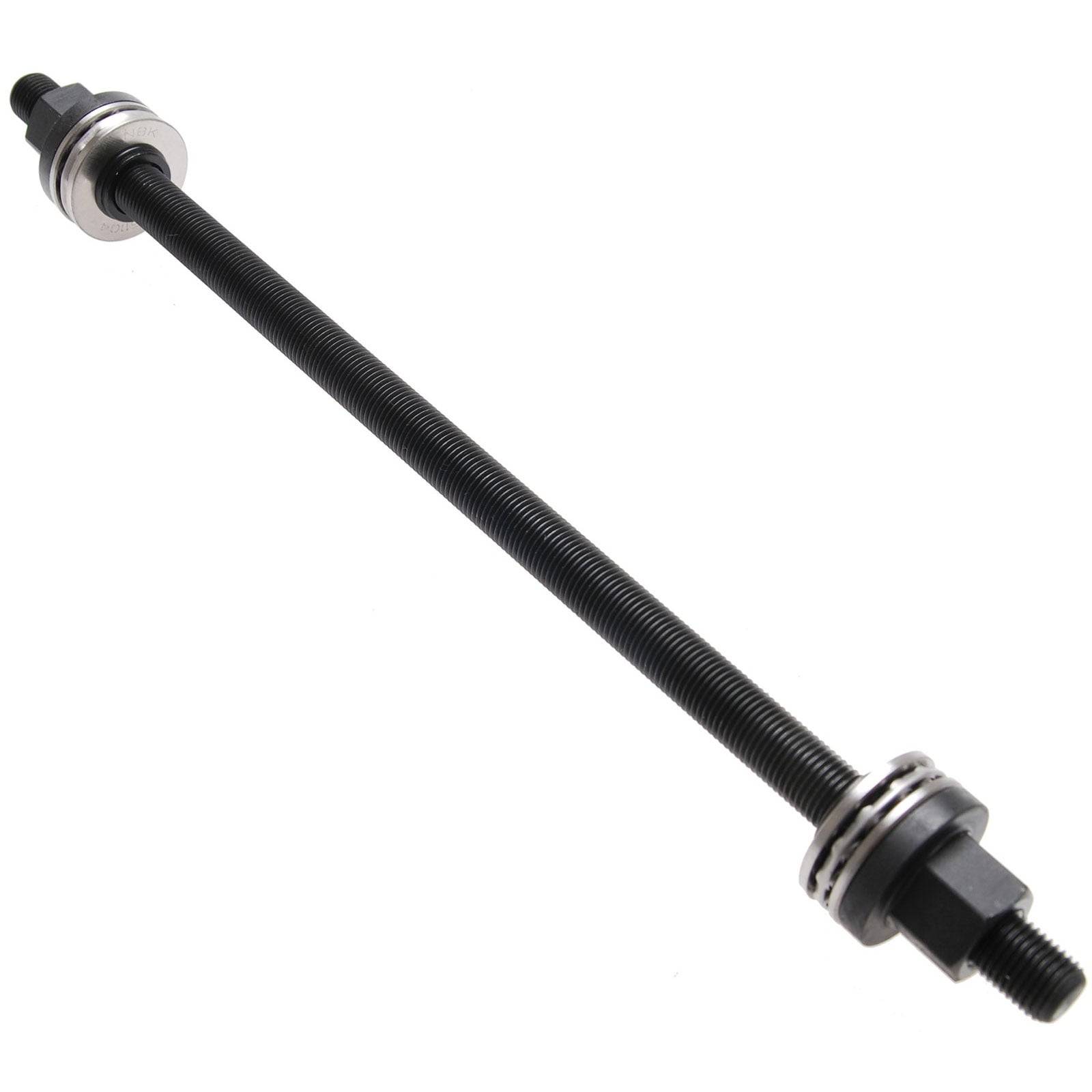 Eine schwarze Gewindestange mit Metallmuttern und Unterlegscheiben an beiden Enden, die zum Klemmen oder sicheren Festhalten von Objekten verwendet wird.