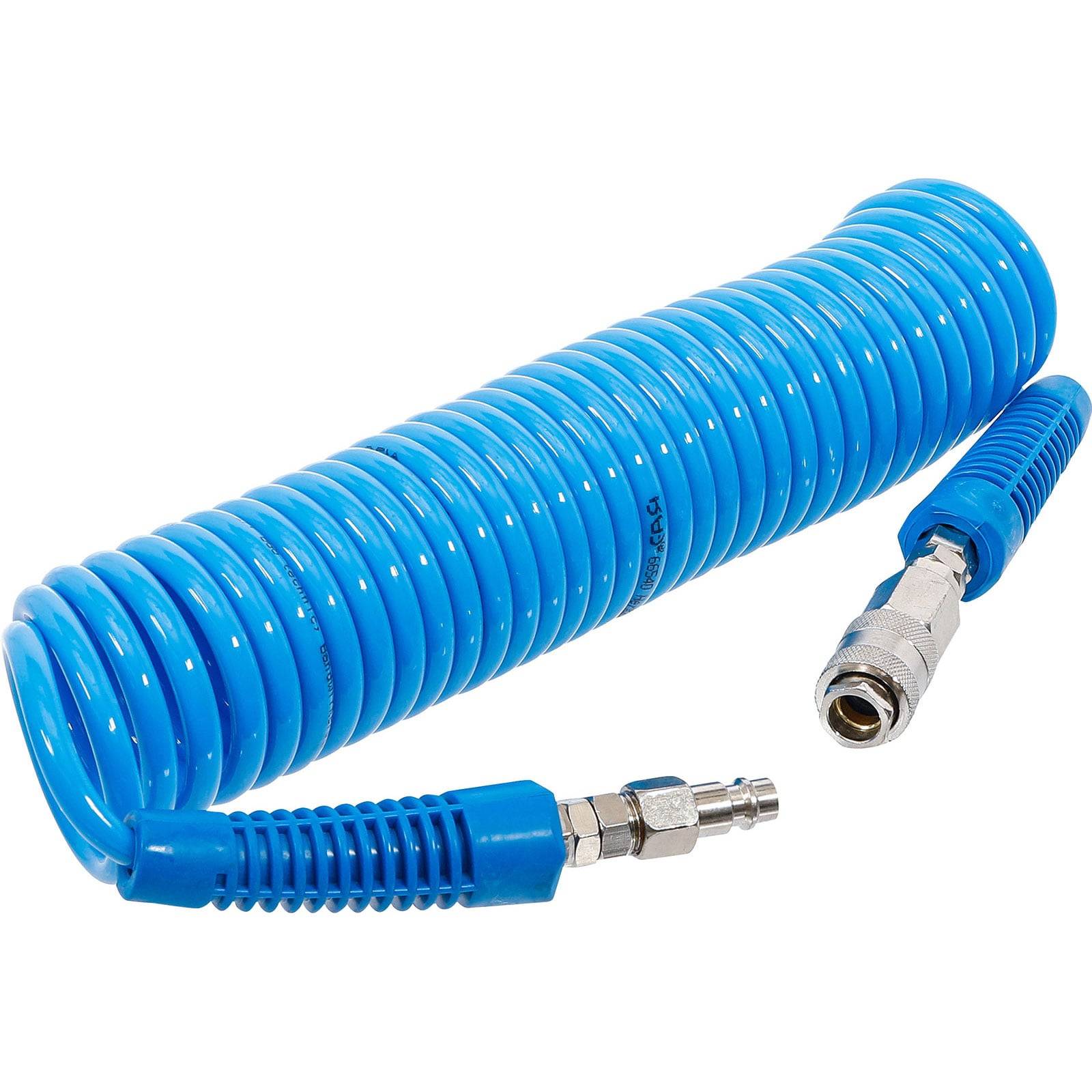 Ein aufgerollter blauer Luftschlauch mit Metallverbindern an beiden Enden, konzipiert für den Einsatz mit pneumatischen Werkzeugen oder Systemen.