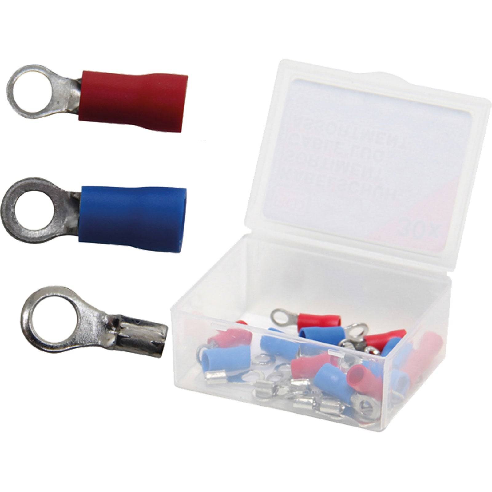 Satz von roten und blauen isolierten Ringklemmen mit Metallschlaufe, einige in einer offenen Plastikbox und andere verstreut daneben.