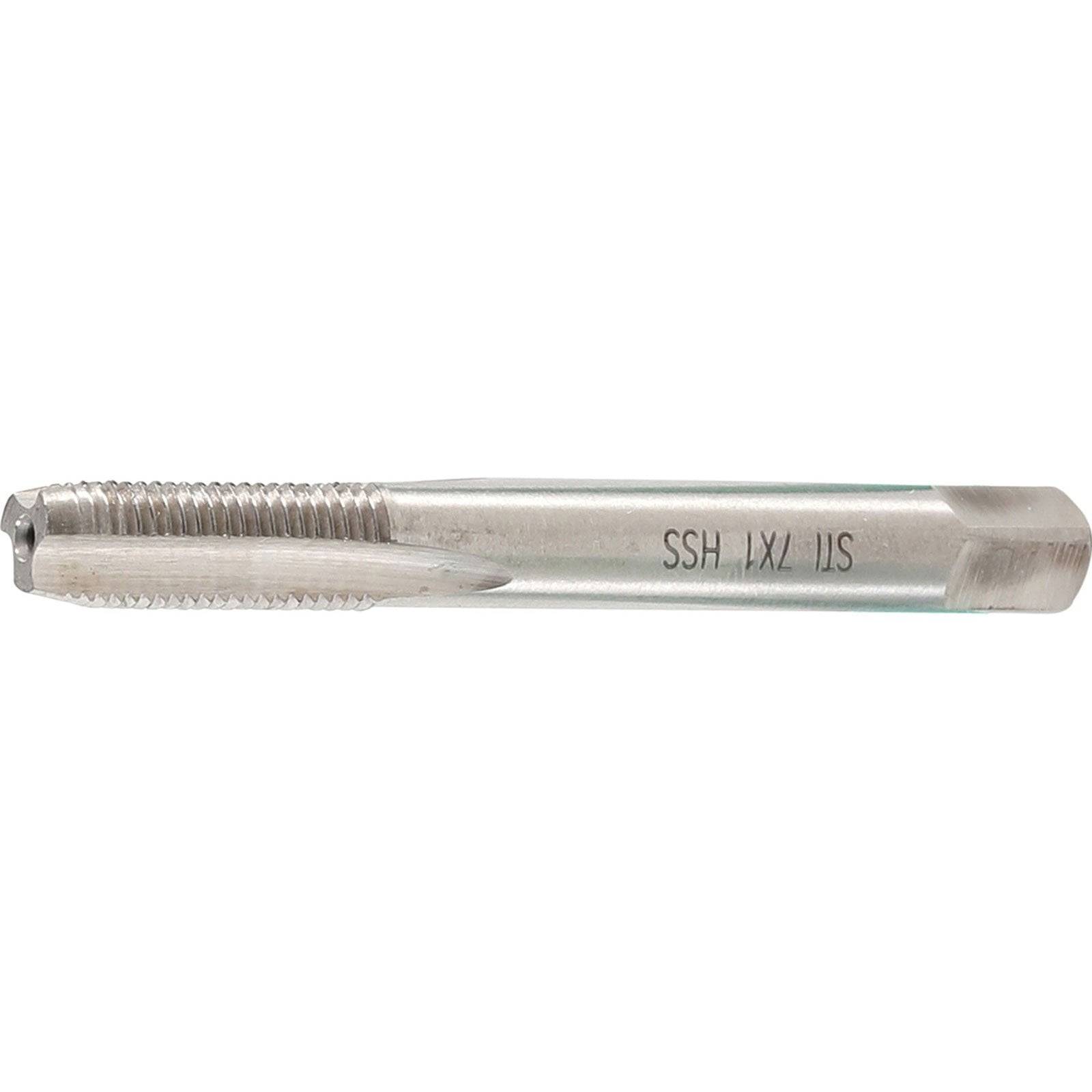 Ein Gewindebohrer mit einem zylindrischen Körper und Gewindeabschnitt, der zum Schneiden von Innengewinden in einem Loch verwendet wird.