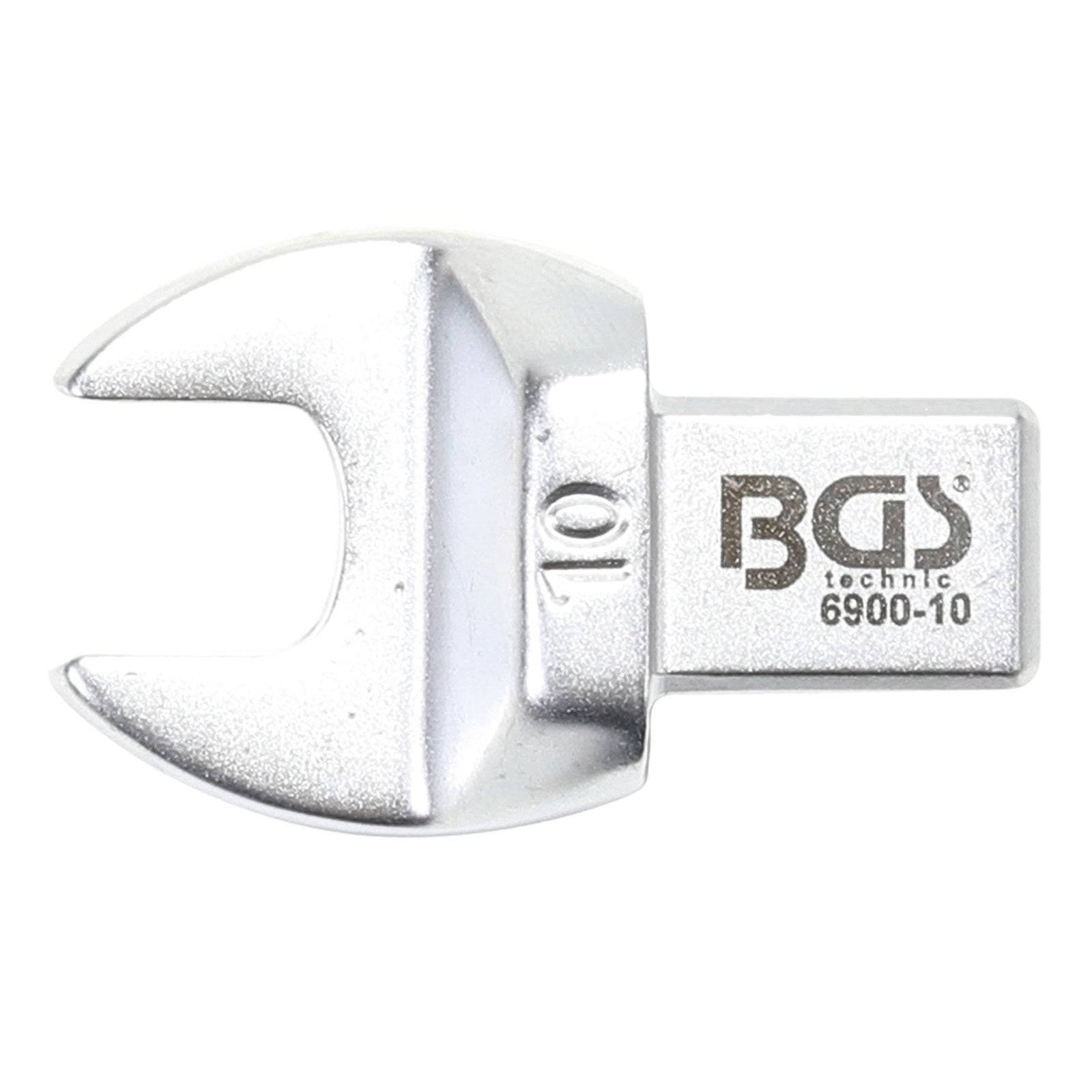 Ein silberner Ringschlüssel mit der Aufschrift 'BGS technic 6900-10' und der Größenangabe '10', der zum Anziehen oder Lösen von Schrauben verwendet wird.