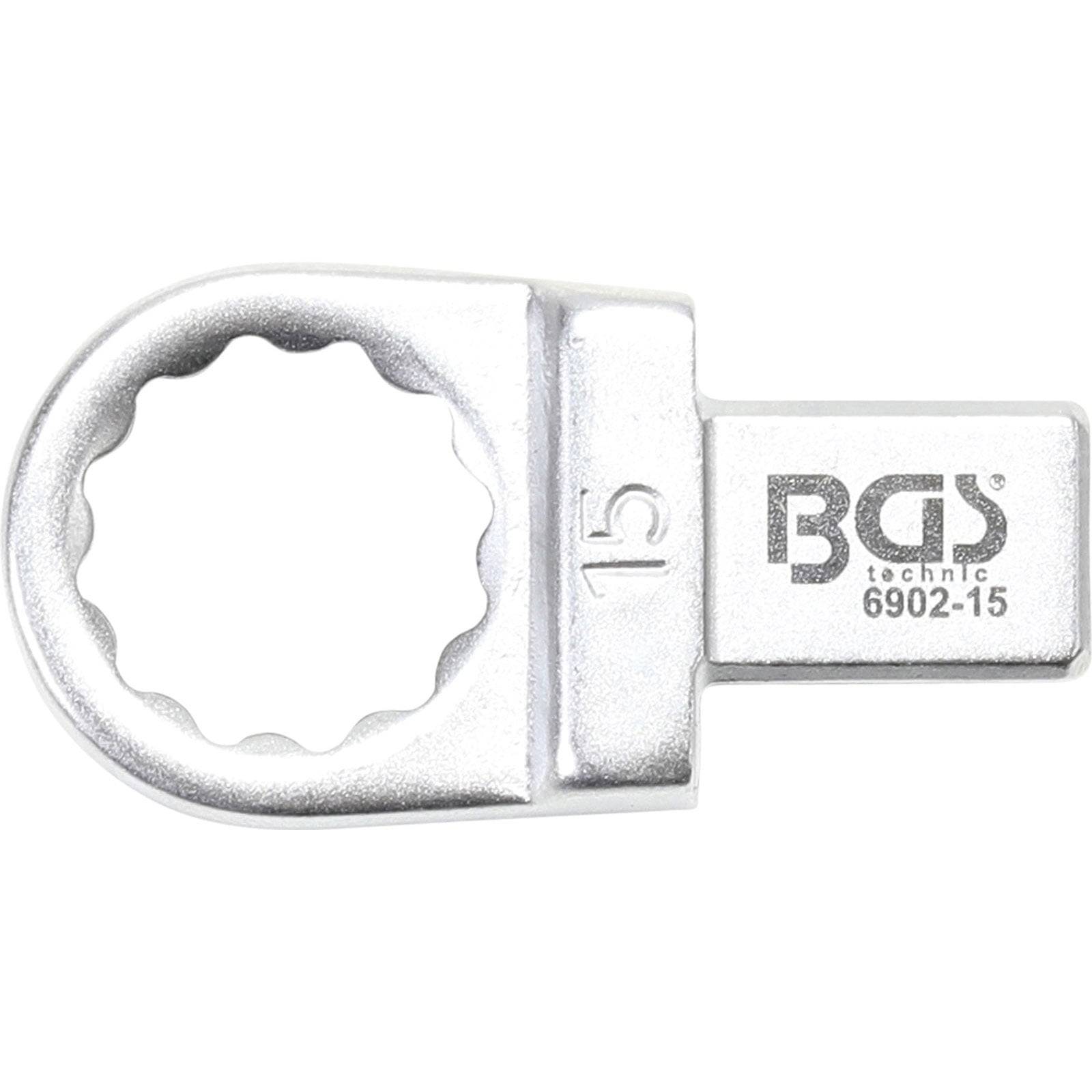 Offener Ringschlüssel mit einem runden, ausgeschnittenen Kopf und einem quadratischen Antriebsende, gekennzeichnet mit '15' und 'BGS technic 6902-15'. Verwendet zum Anziehen von Schrauben.